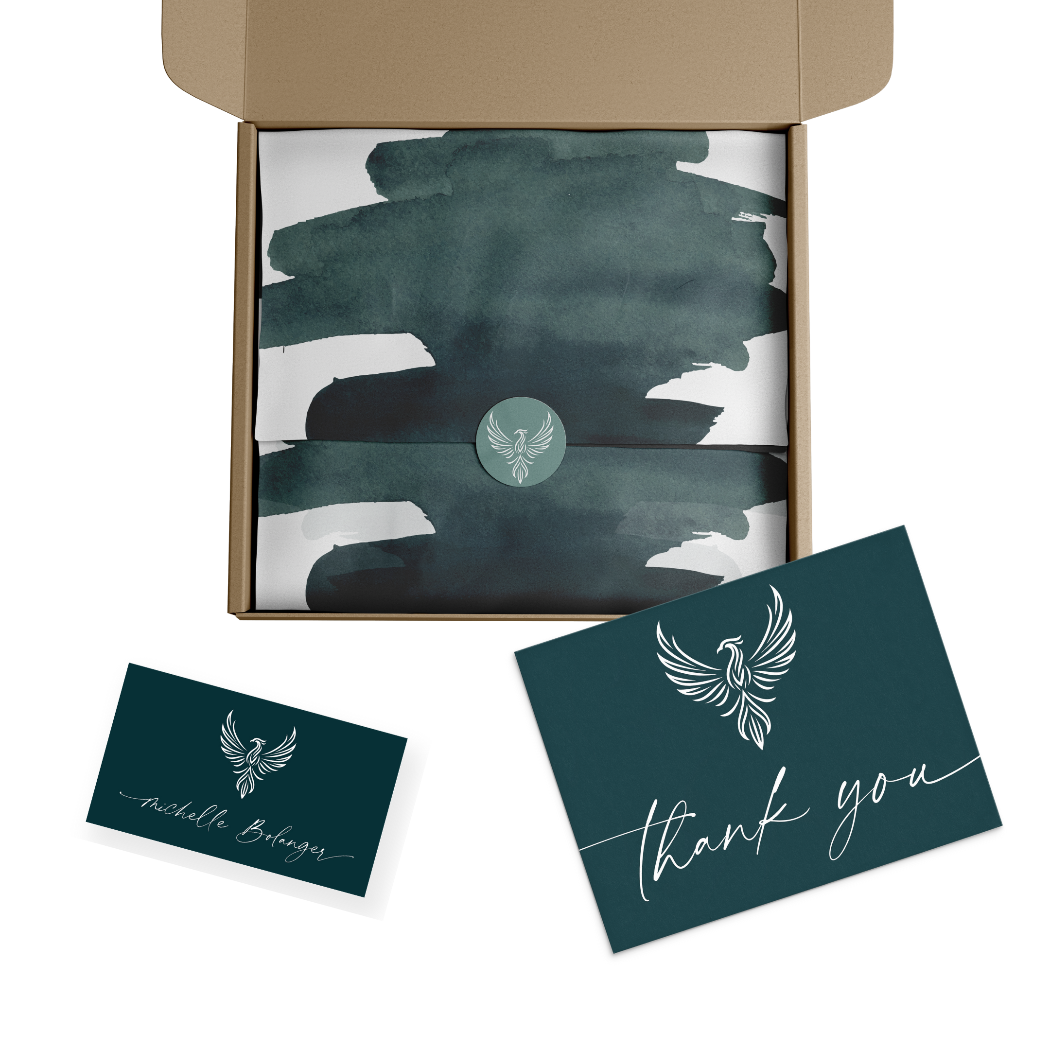 mockup of tissue paper with sticker, thank you card, and business card