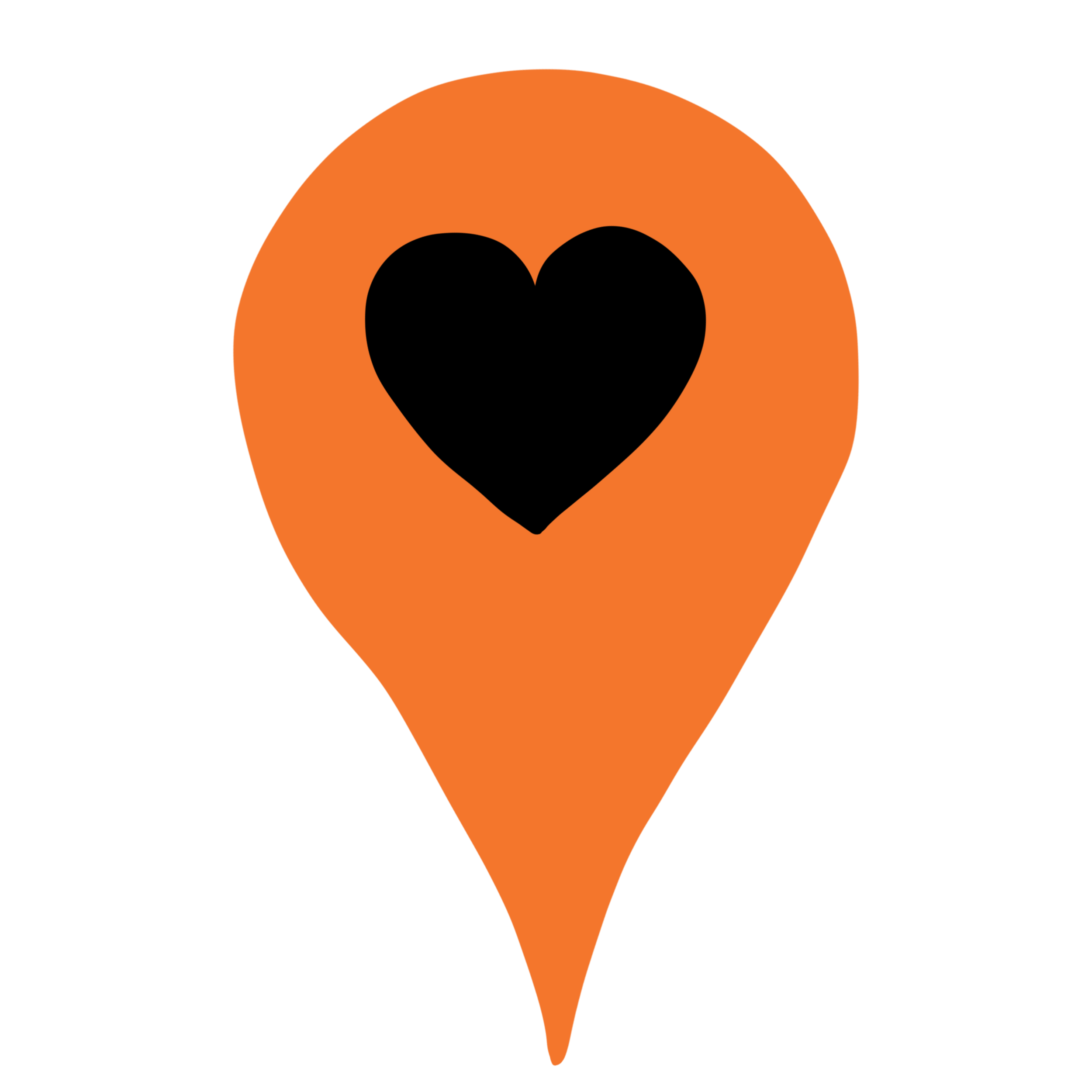 orange map marker with black heart