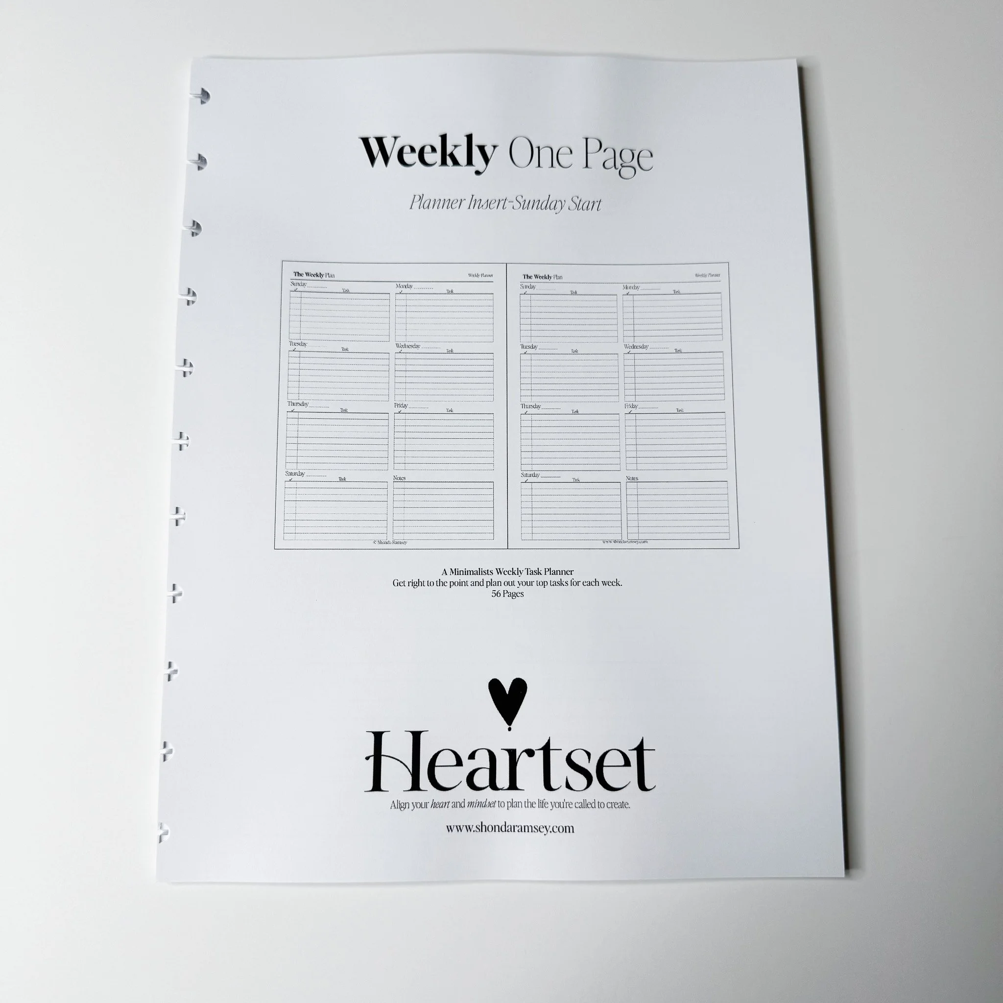 Weekly One Page Planner Insert - Sunday Start