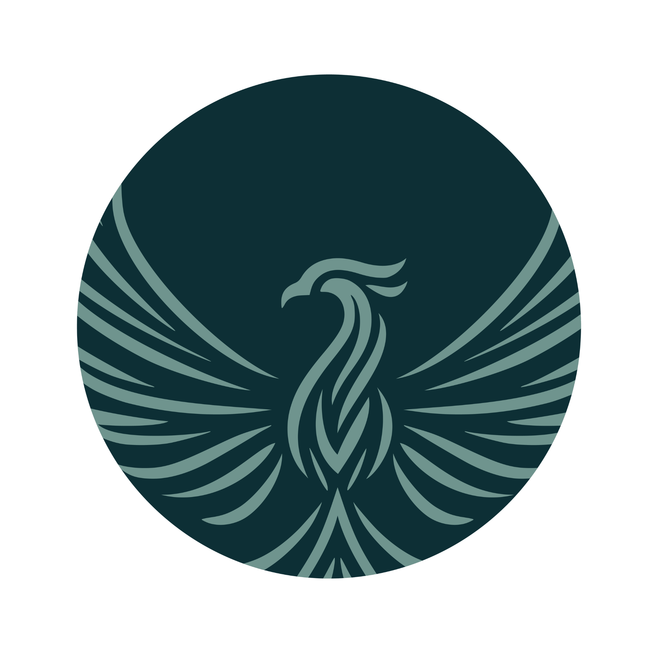 Round circle in dark teal with a lighter teal phoenix head and wings