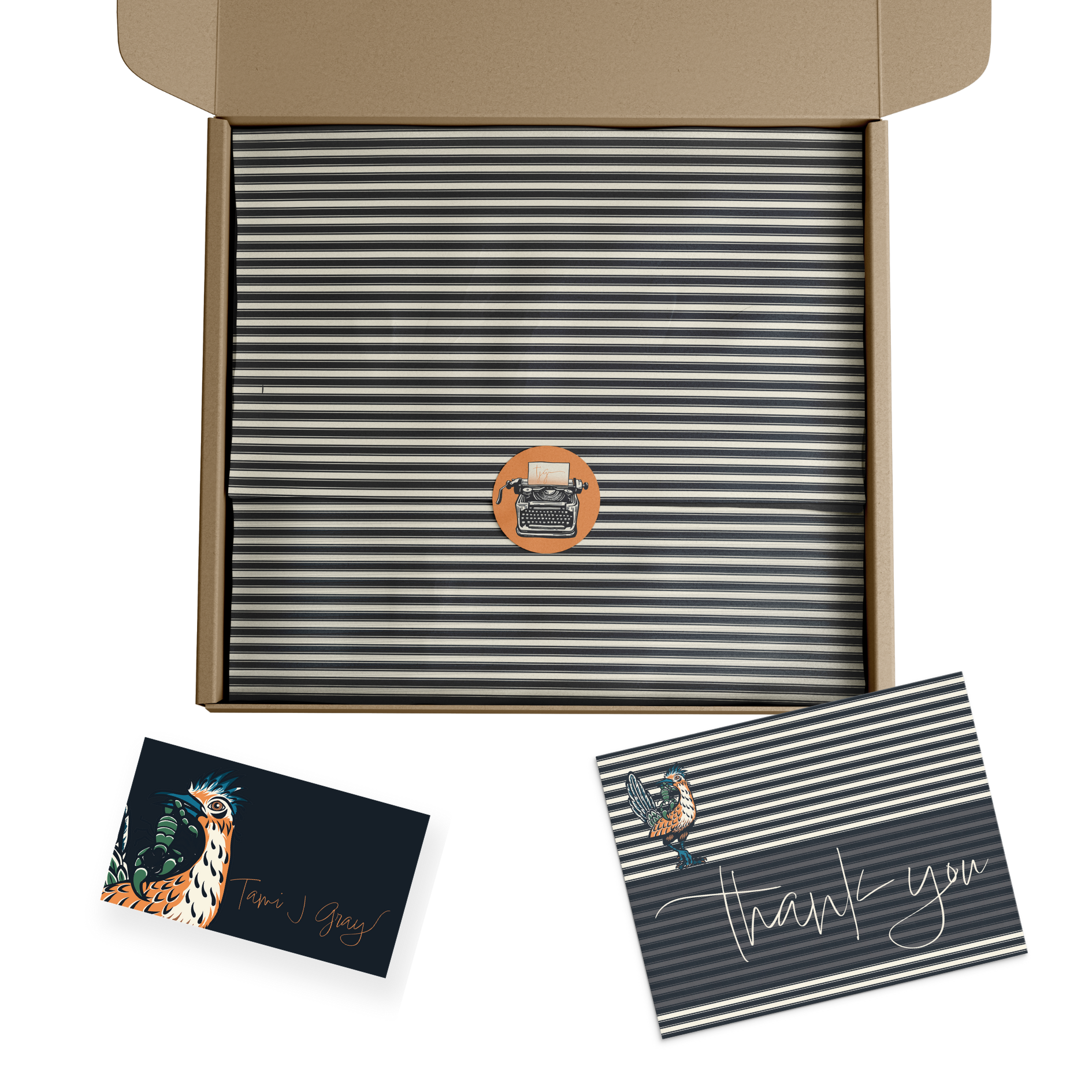 tissue paper and sticker mockup with thank you card and business card