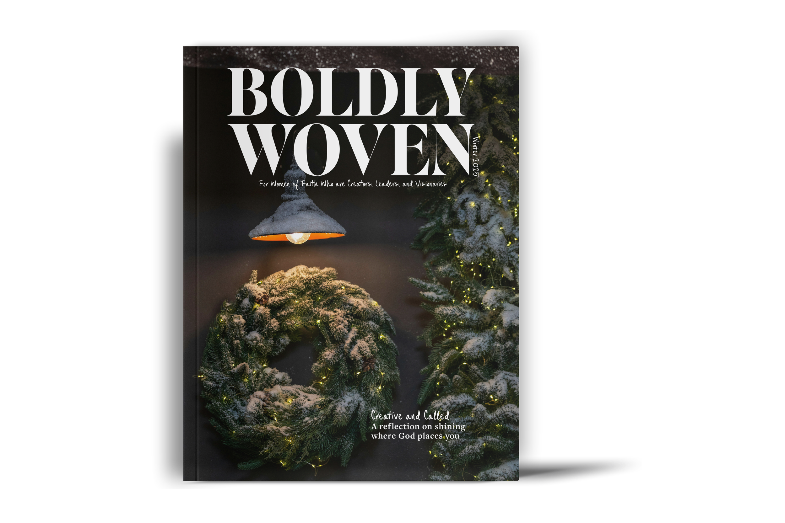 Book cover titled 'Boldly Woven' featuring a snowy Christmas wreath and a snow-covered lamp with a warm light, and a snow-covered decorated Christmas tree.