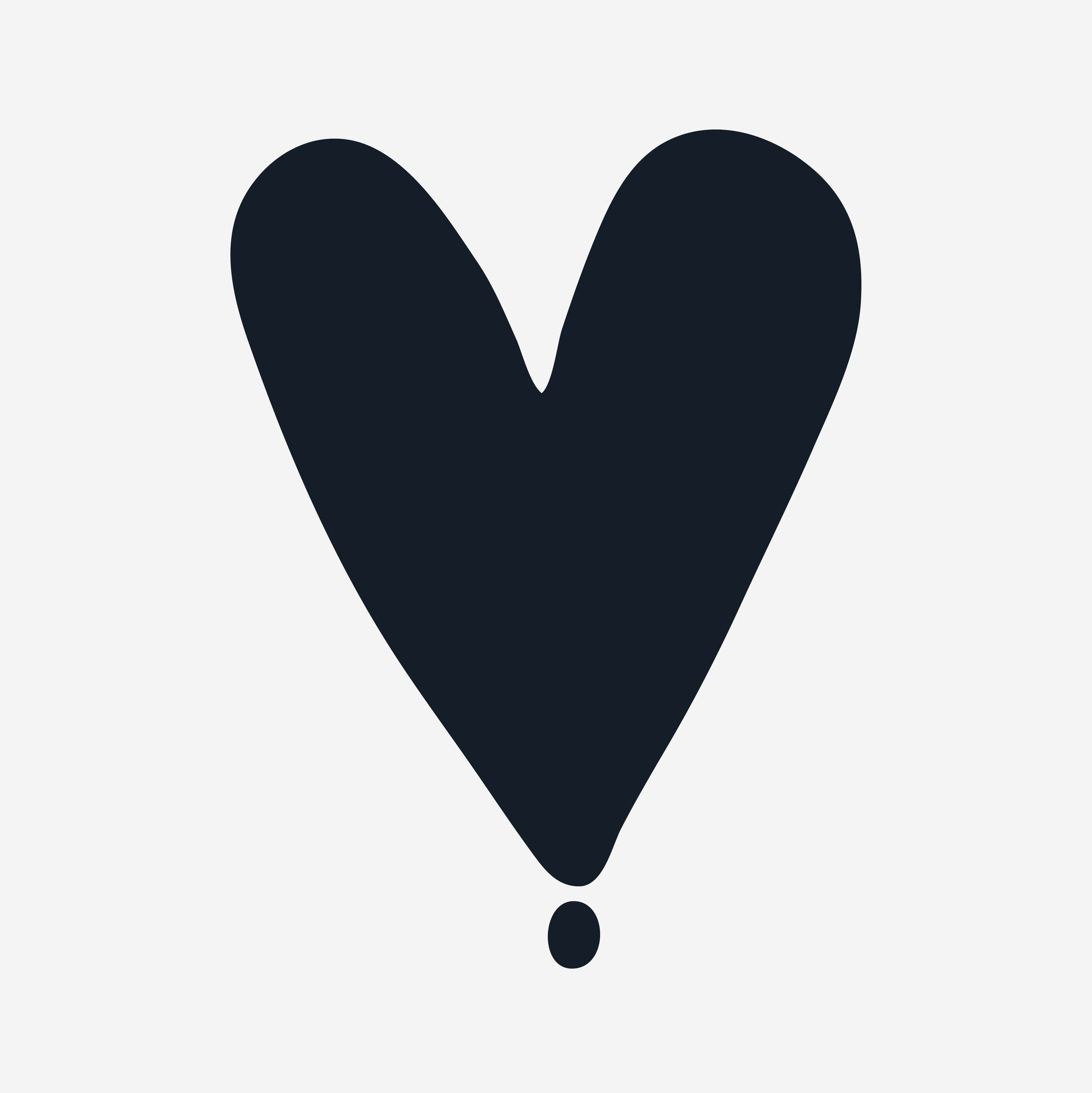 A dark heart shape with a small dot beneath it on a light background.