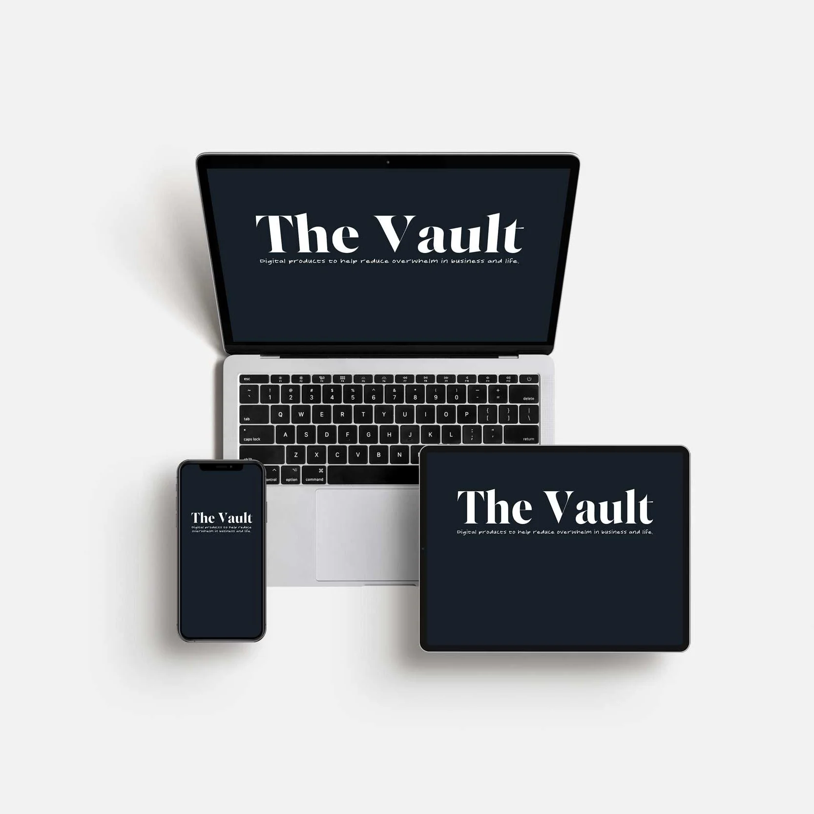 A laptop, a smartphone, and a tablet, each displaying a dark screen with the white title 'The Vault' and a subtitle, arranged on a white background.