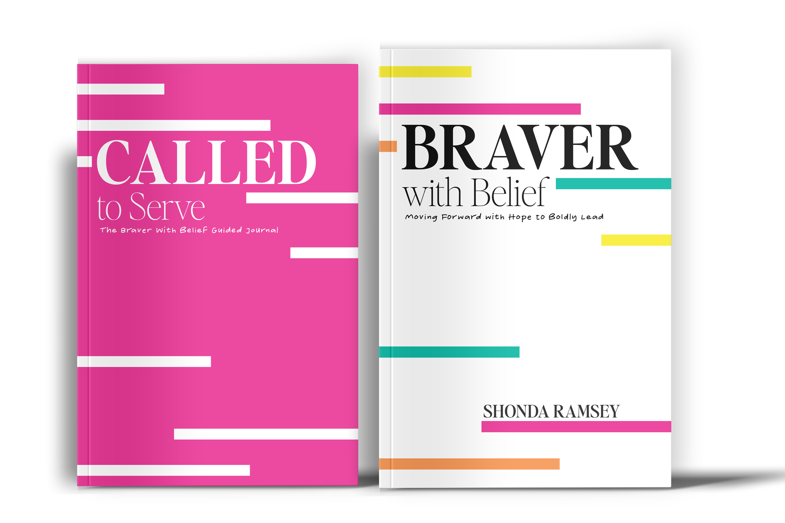 Two books with colorful, modern covers standing upright against a black background. The left book has a pink cover with white and pink horizontal lines and the title "Called to Serve." The right book has a white cover with colorful lines and the title "Braver with Belief" by Shonda Ramsey.