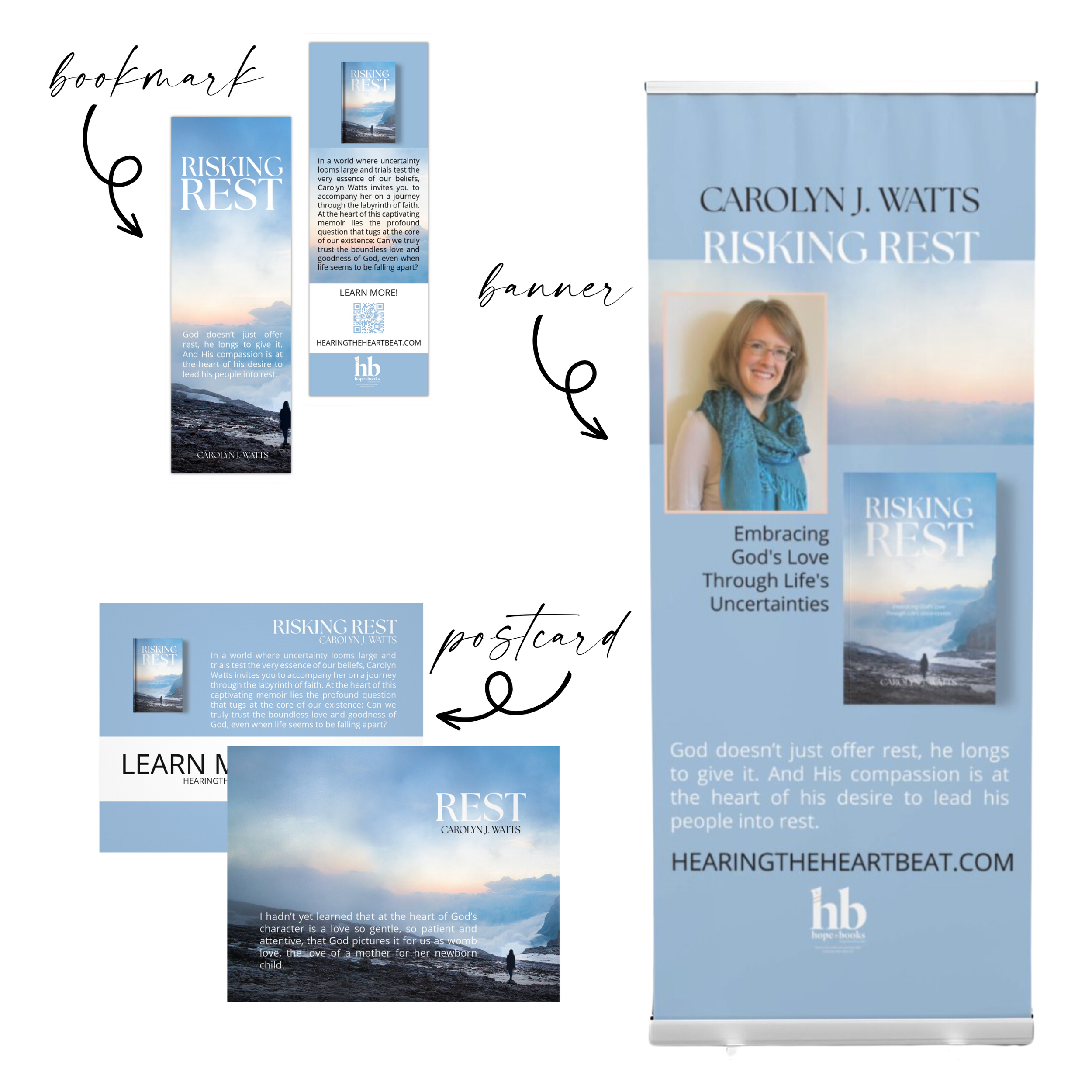 Promotional materials for the book 'Risking Rest' by Carolyn J. Watts, including a bookmark, a banner with a woman's portrait, and a postcard with the book cover and a quote, all featuring a serene mountain landscape with clouds.