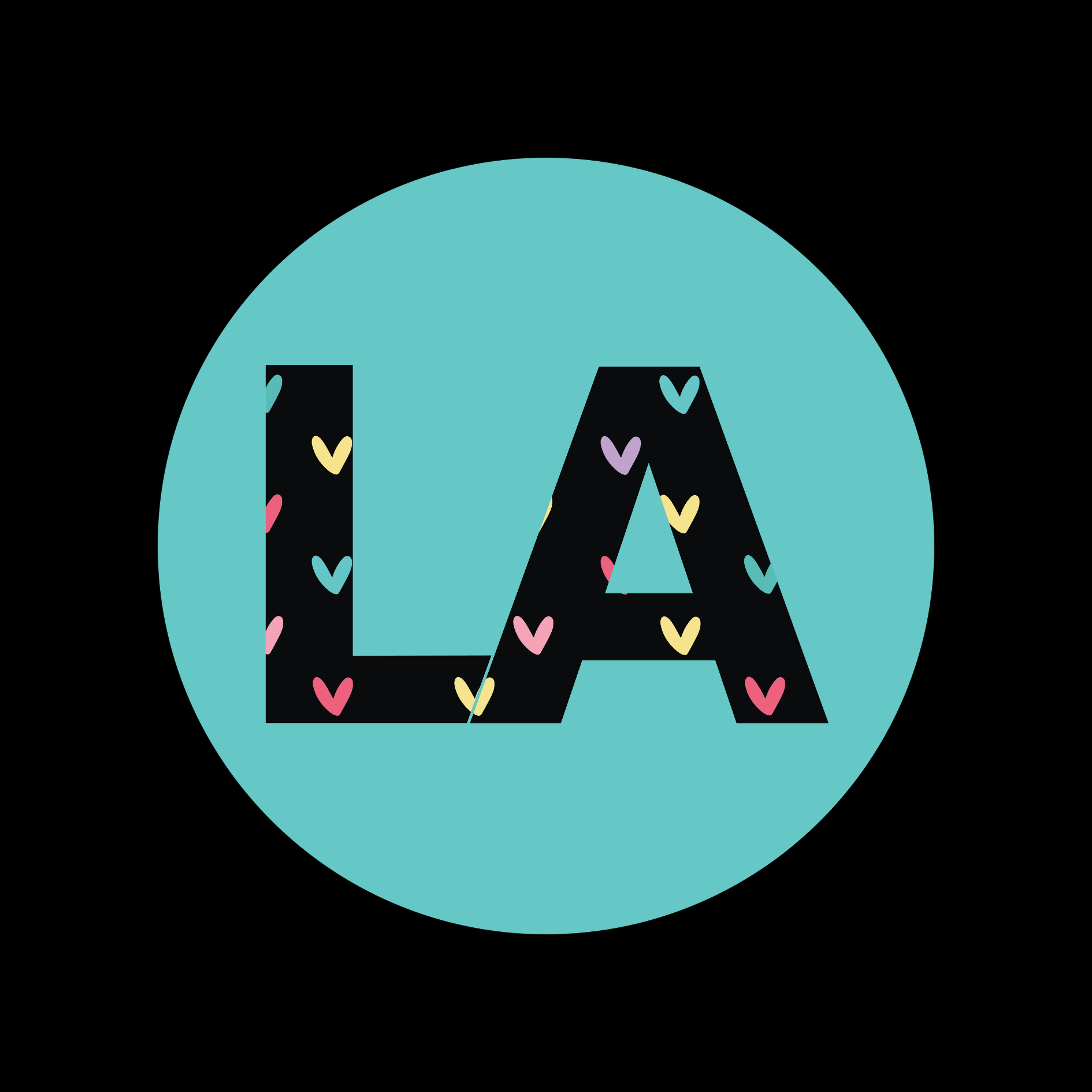 black square with teal circle and monogram LA with tiny colored hearts
