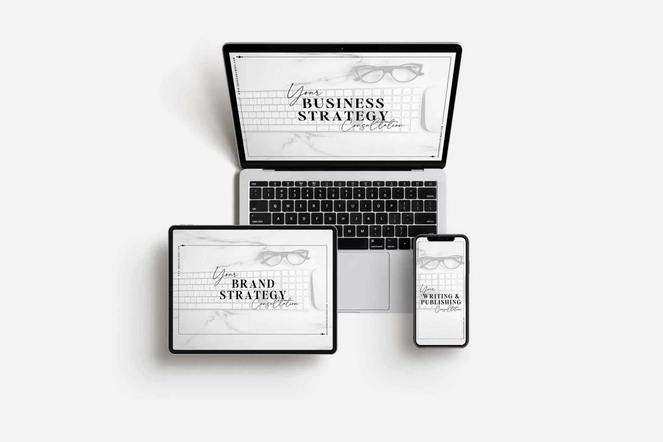 laptop, ipad, and iphone with images of coaching slides