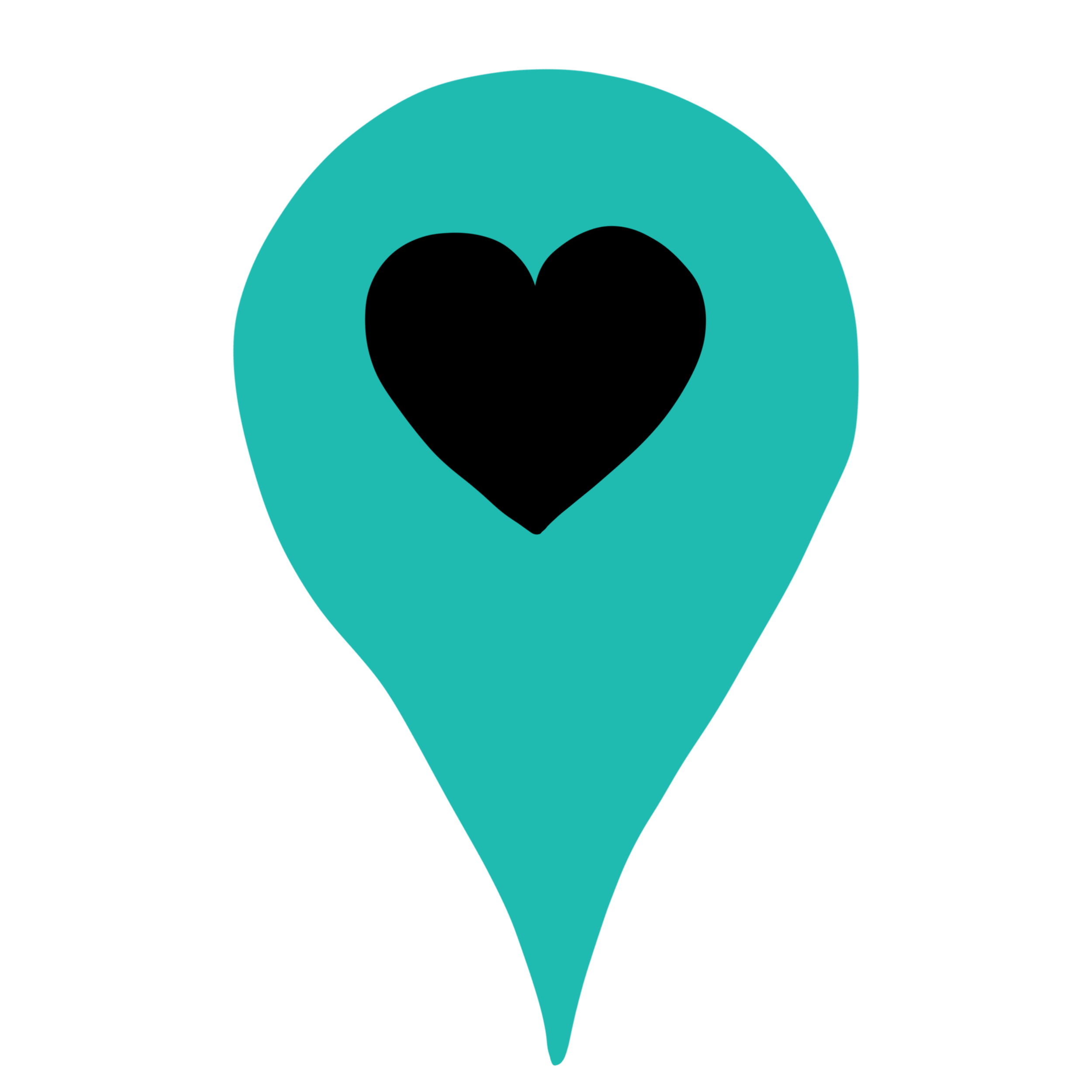 teal map marker with black heart