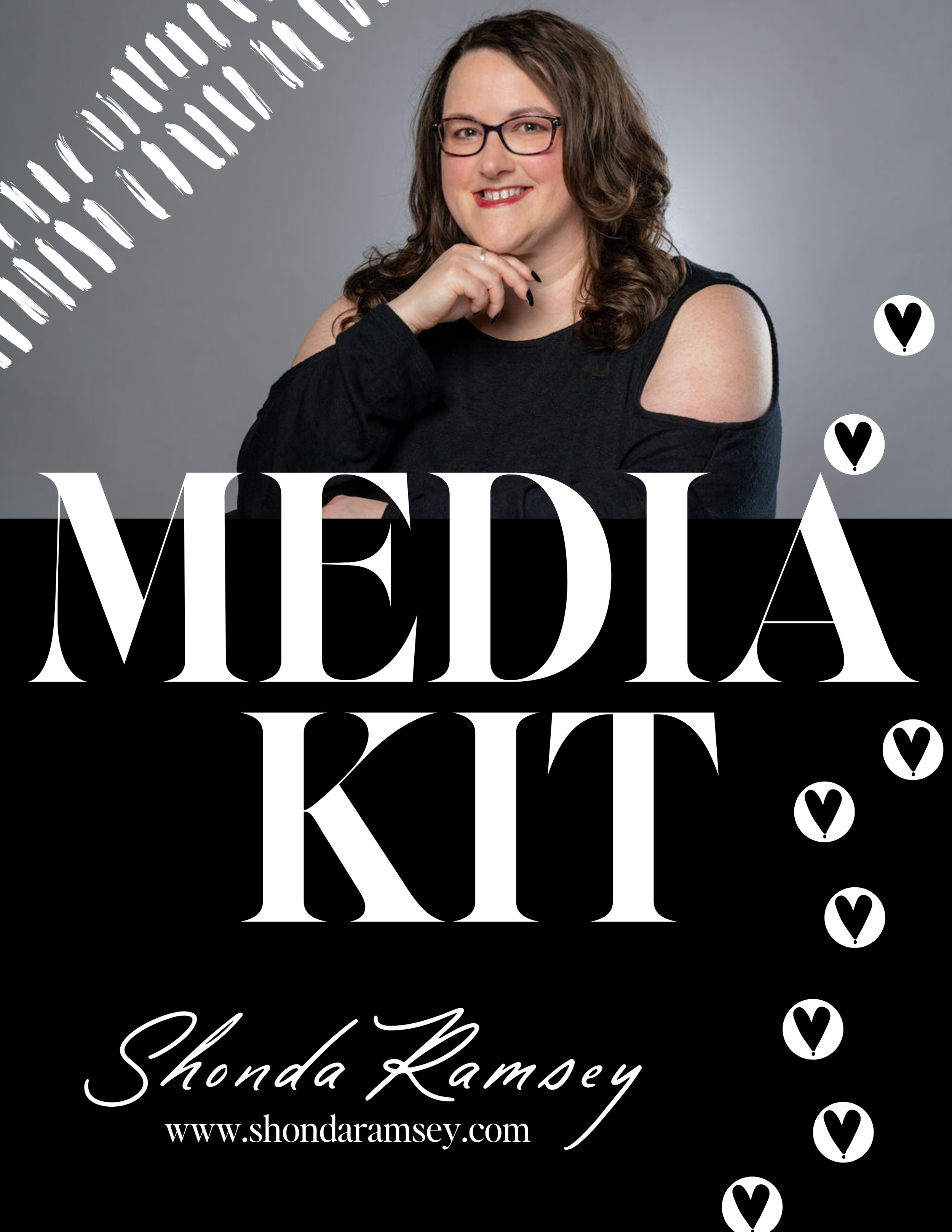 Media Kit Cover with photo of Shonda, the words Media Kit, hearts, and hand drawn elements
