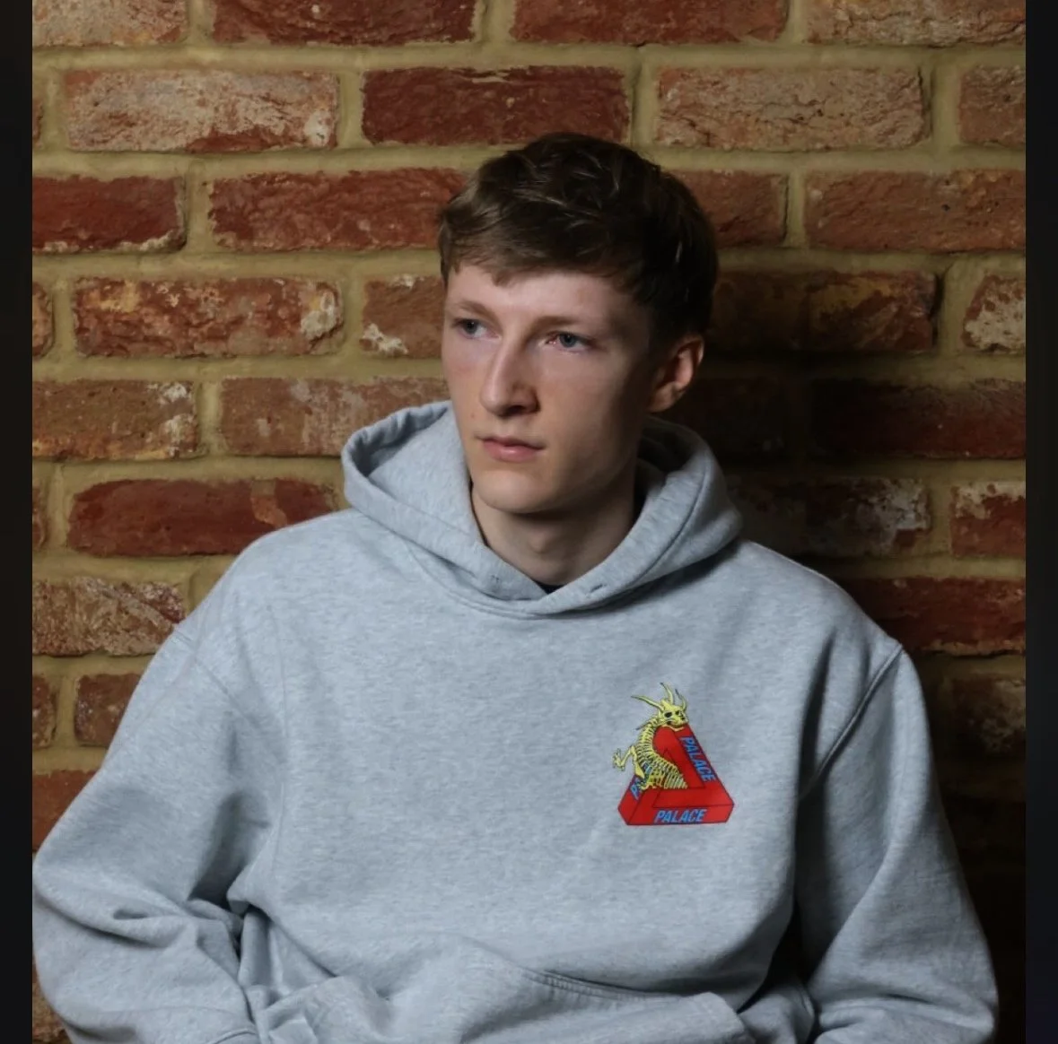 A young man with light skin and brown hair wearing a gray hoodie with a Palace logo, sitting against a brick wall.