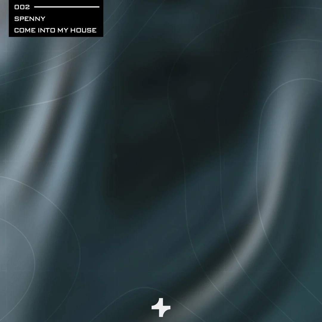 Dark abstract background with geometric lines and curves, featuring a black box in the top left corner with white text that reads '002 SPENNY COME INTO MY HOUSE'.