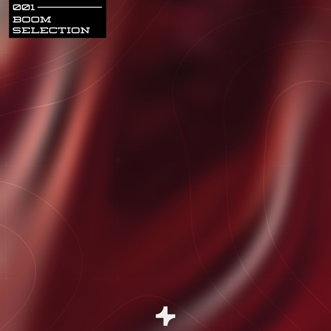 Abstract red and black graphic design with geometric patterns and lines, featuring a black text box in the top left corner with white text that reads '001 BOOM SELECTION'.