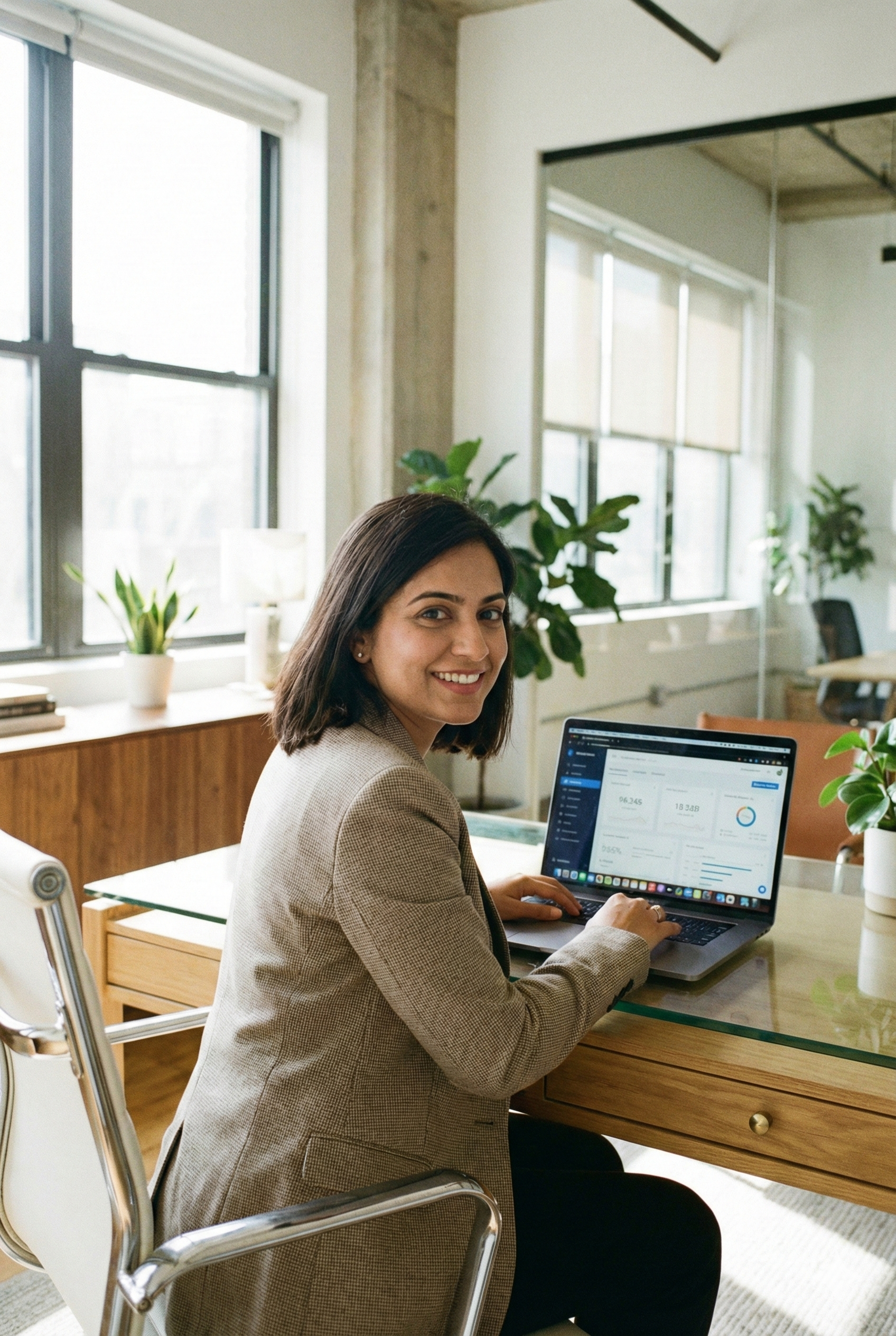 A professional Postora analyst reviewing predictive engagement analytics for Schedchie's high-volume social media workflows.