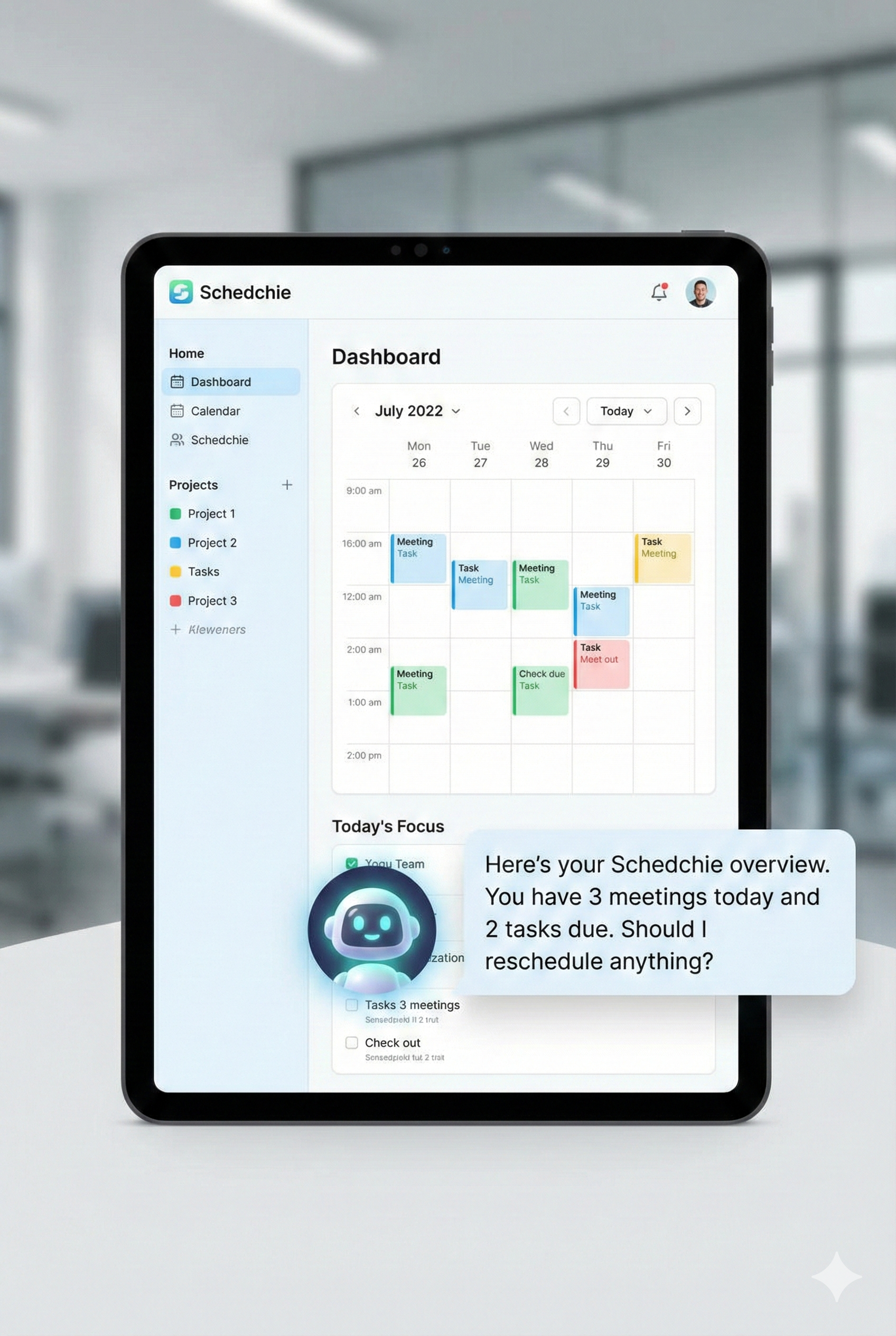 Detailed view of the Schedchie dashboard interface showing the AI Assistant and unlimited post-scheduling features.