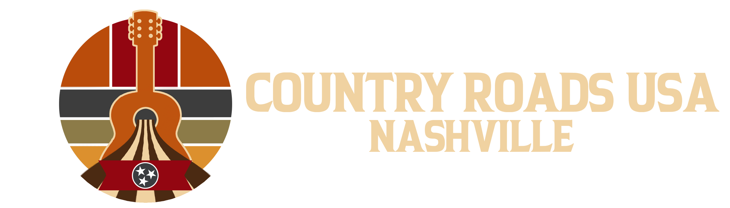Logo for Country Roads USA Nashville featuring a stylized guitar with a Tennessee flag ribbon and sunset background