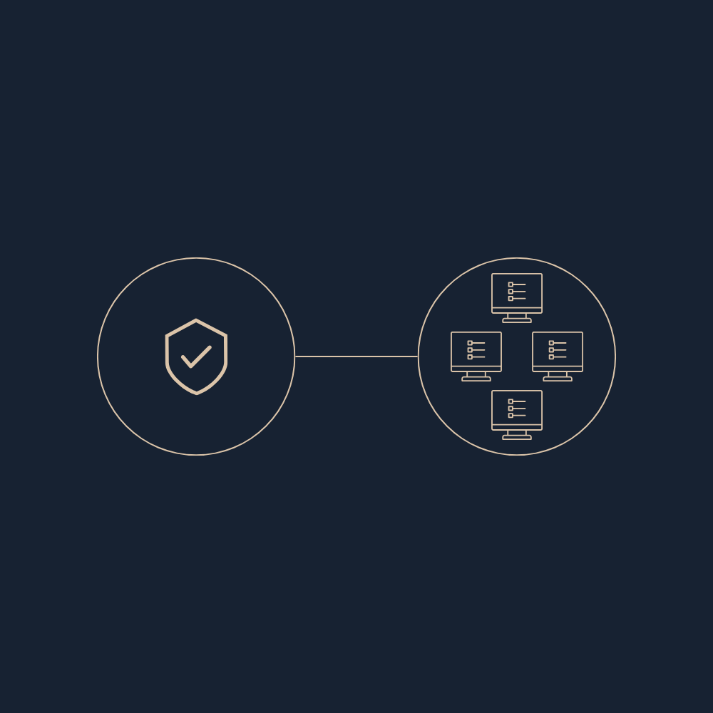 Diagrama de red con un escudo de protección a la izquierda y cuatro computadoras conectadas a la derecha.