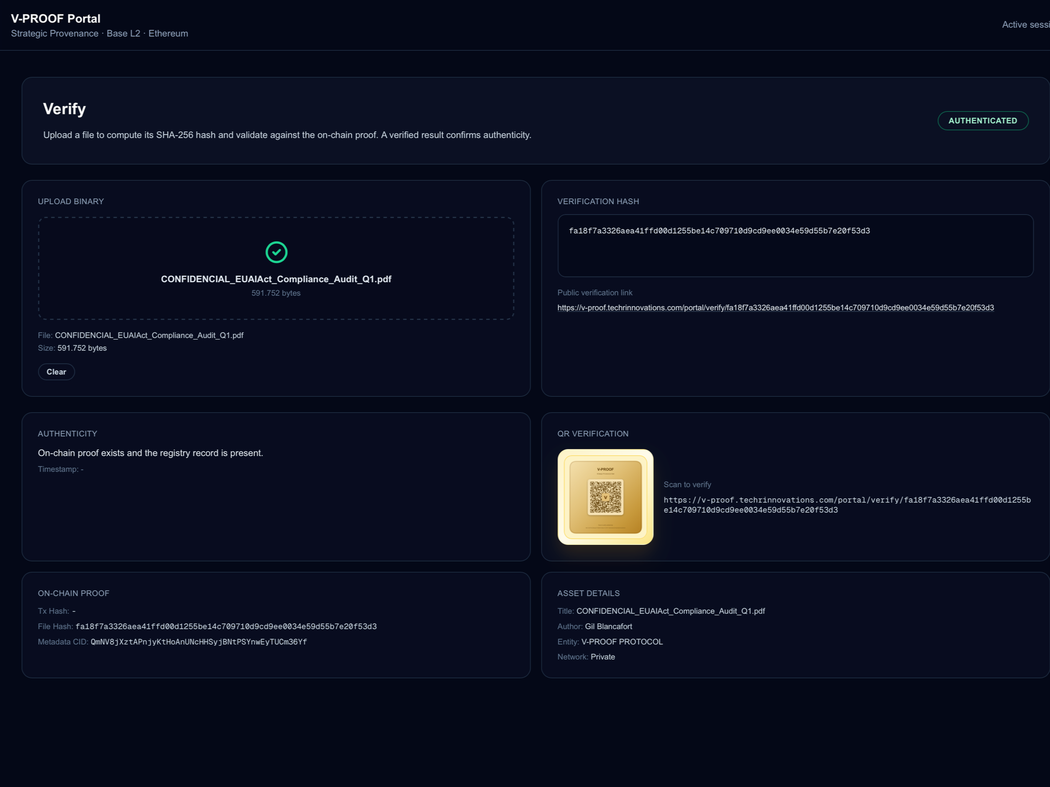 Bildschirm des Blockchain-Verifizierungsportals mit Details zu einer vertraulichen PDF-Datei, hash einem Verifizierungslink, ergänzt durch ein Authentifizierungssymbol und einen QR-Code zur Verifizierung.