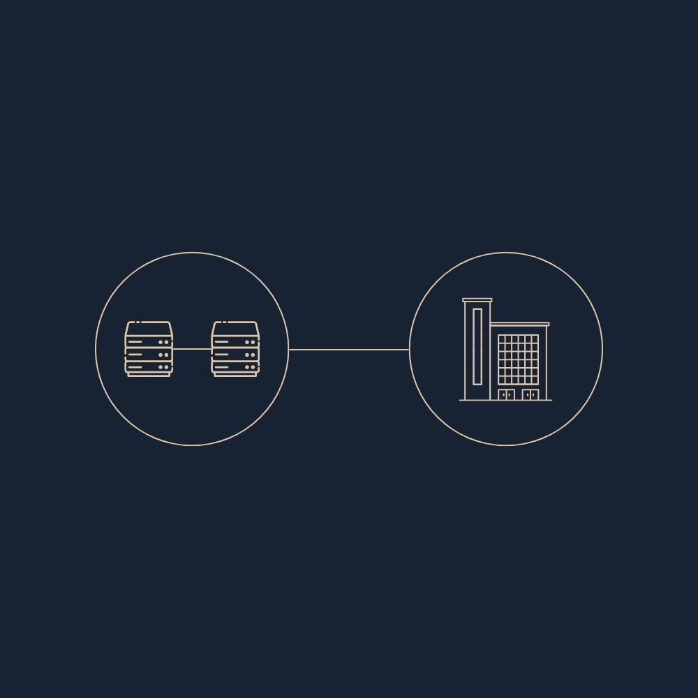 Diagrama con dos servidores conectados a un edificio que parece un centro de datos o una oficina.