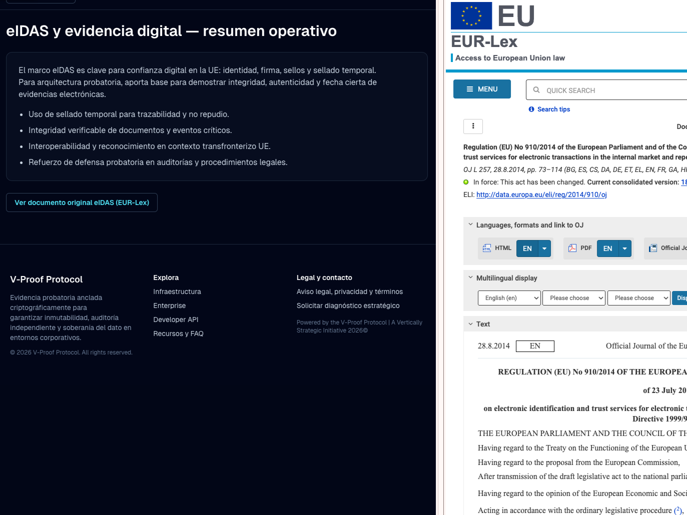 Der Bildschirm ist in zwei Bereiche unterteilt: links steht ein Text auf Spanisch über den eIDAS-Rahmen und digitale Beweismittel, rechts finden sich Informationen zur Europäischen Verordnung 910/2014 auf Englisch sowie Links zu offiziellen Dokumenten.