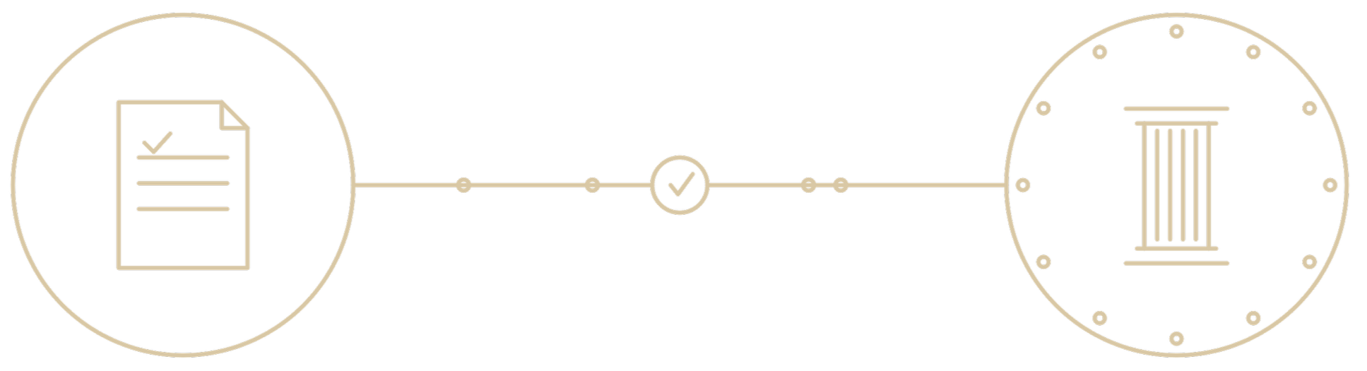 Diagrama con dos círculos conectados por una línea con un símbolo de verificación y un icono de documento en el círculo izquierdo y un icono de columna o pilar en el círculo derecho.