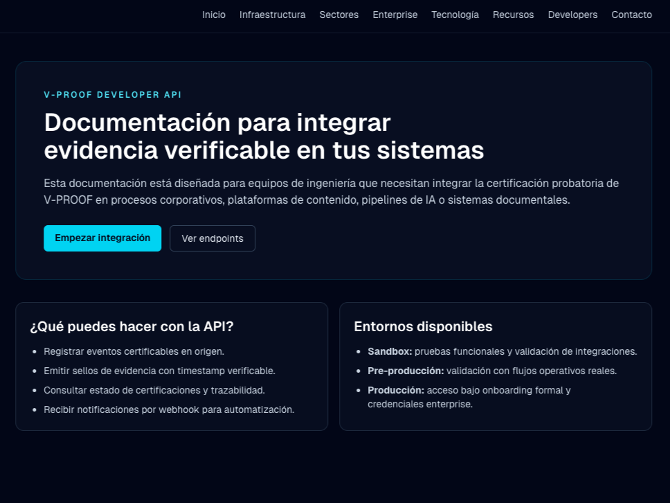Website zur Dokumentation der Integration nachprüfbarer Nachweise in Systeme, mit Rubriken zu den Themen Einstieg, Infrastruktur, Branchen, Unternehmen, Technologie, Ressourcen, Entwickler und Kontakt.