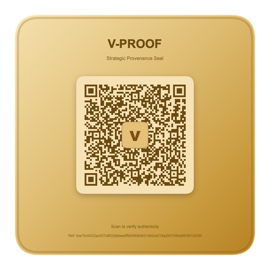 Sello de procedencia estratégica V-PROOF con código QR para verificar autenticidad.