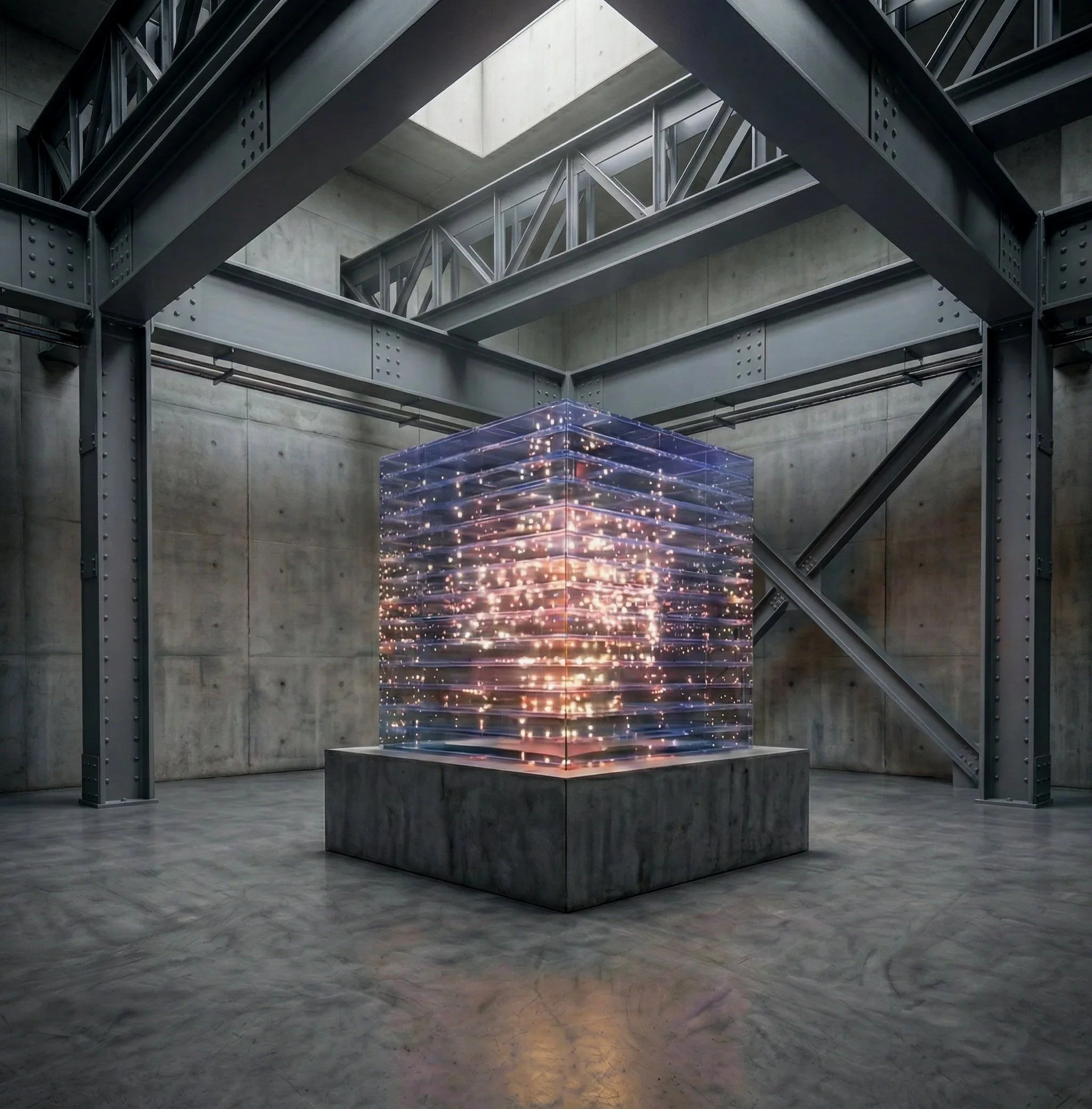Metallkonstruktionen in einem Innenraum mit Betonwänden und einer Decke, die Tageslicht hereinlässt. In der Mitte eine hängende Skulptur in rechteckiger Form, deren Oberfläche mit vielen kleinen Lichtern übersät ist.