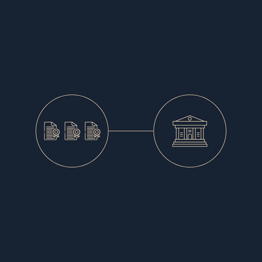 Diagrama con documentos y una institución en línea de fondo.