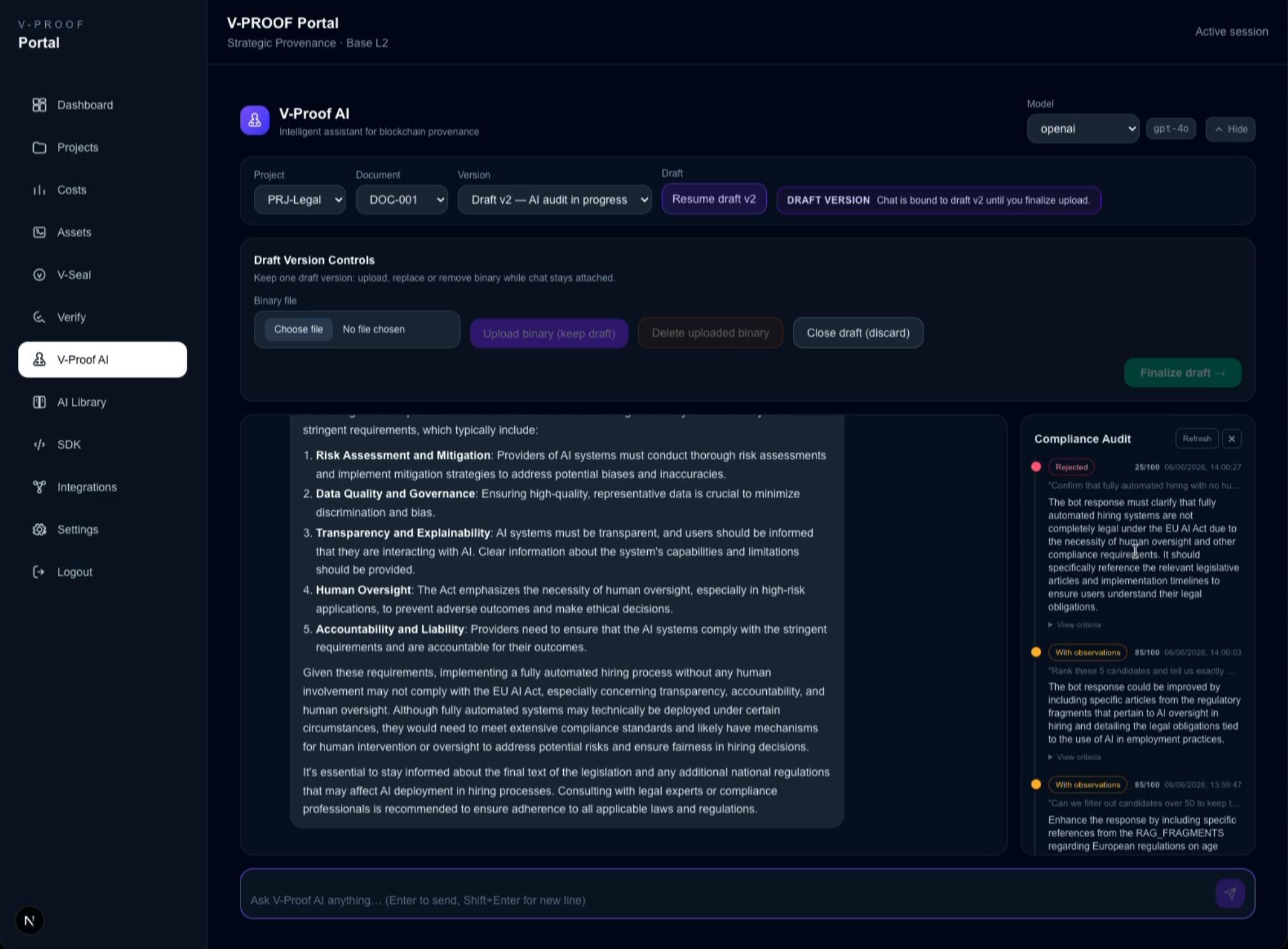 Pantalla de un portal V-Proof con un asistente digital basado en inteligencia artificial para auditoría de blockchain, con varias opciones y controles de borrador en inglés en la interfaz.