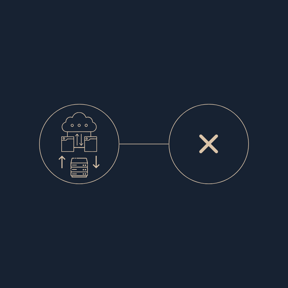 Diagrama de flujo con iconos de nube, servidores y flechas, conectado a un círculo con una cruz dentro.