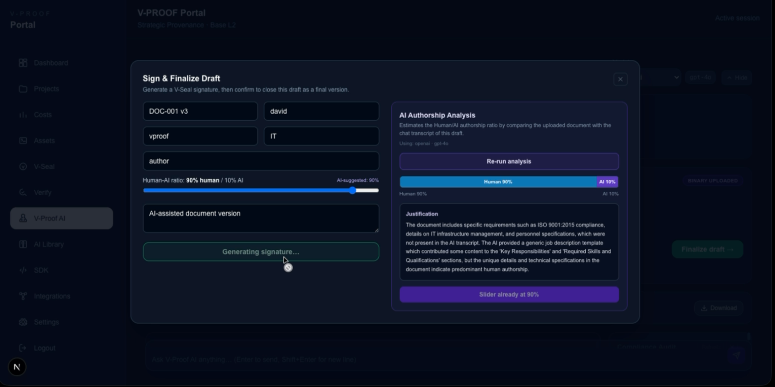 Una pantalla de una plataforma de firma digital llamada V-Proof, con opciones para firmar y finalizar un borrador, incluyendo datos de documento, autor y análisis de autenticidad mediante inteligencia artificial, además de botones y barras de progreso.