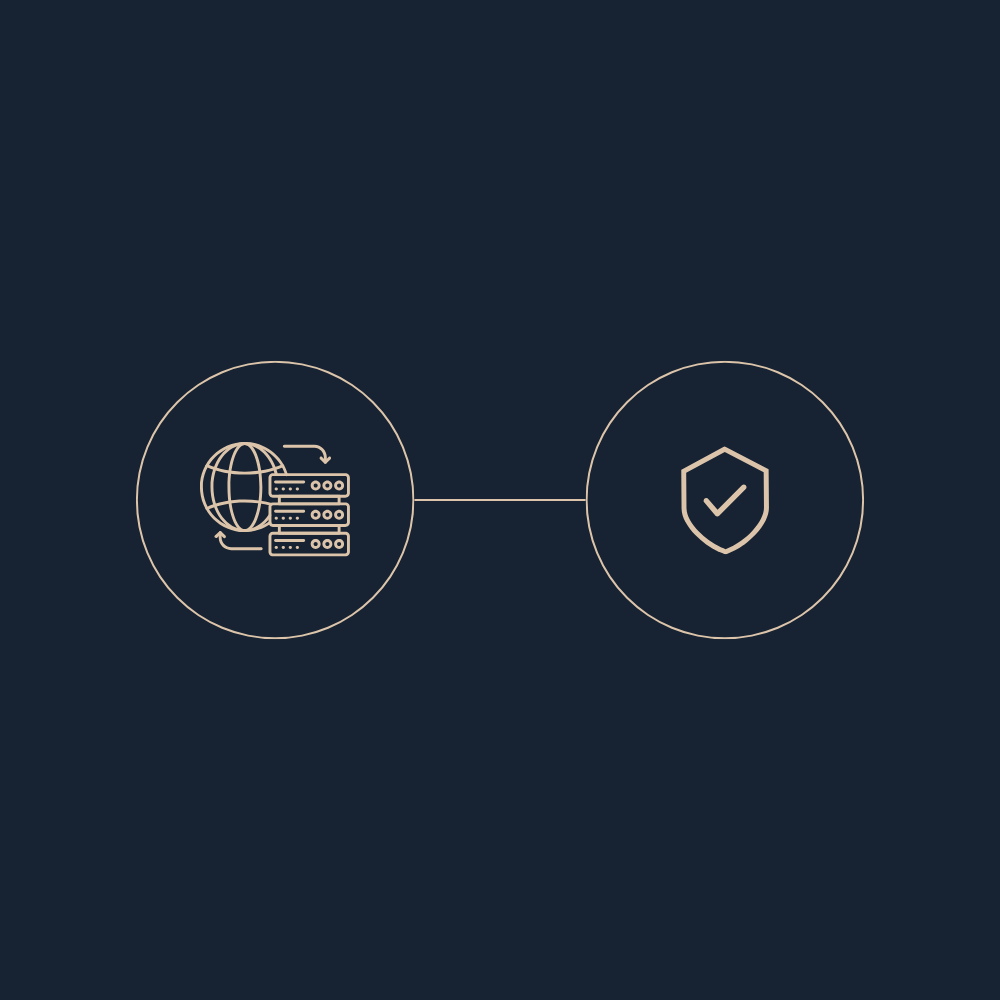 Diagrama de red con un icono de servidores y el icono de un escudo con una marca de verificación.