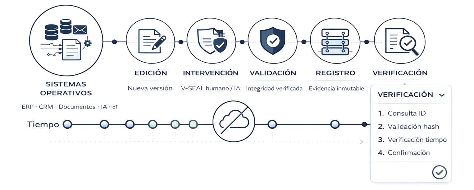 Diagrama de proceso con etapas: sistemas operativos, edición, intervención, validación, registro y verificación. Incluye íconos representando datos, documentos, protección, y control, con texto en español y lista de pasos de verificación.