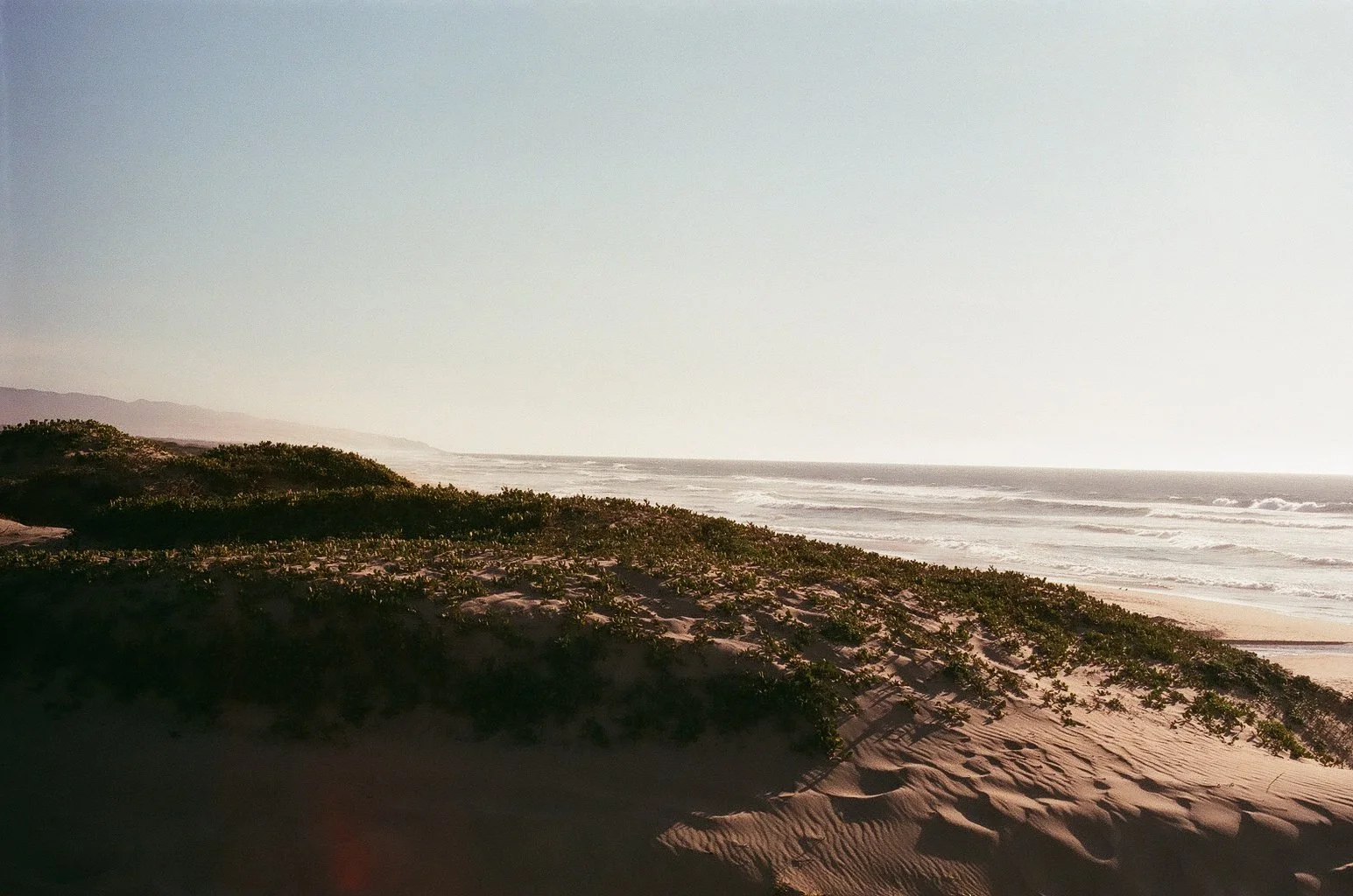 A sandy beach with dunes covered in green plants, ocean waves in the distance under a clear sky.