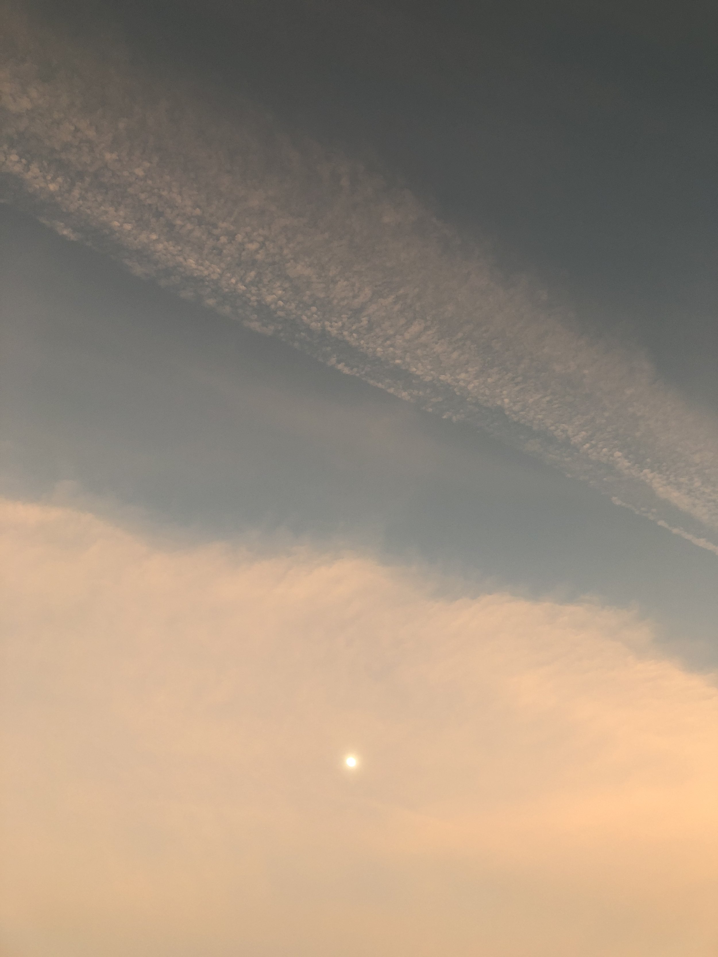 Sky with pink and blue clouds, the moon visible in the lower center of the sky.