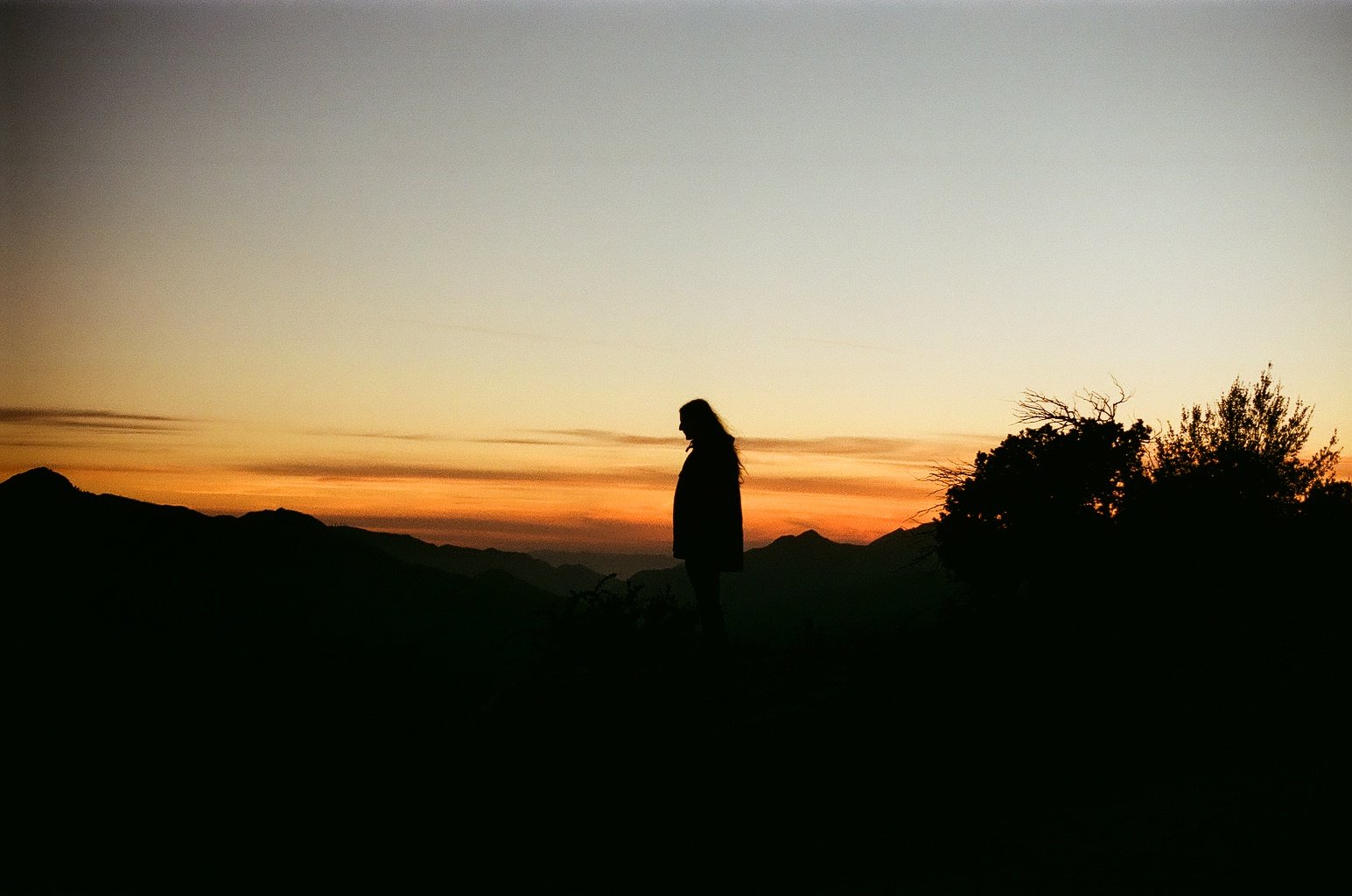 Silhouette of a woman standing on a hill at sunset, with mountains and a tree in the background.