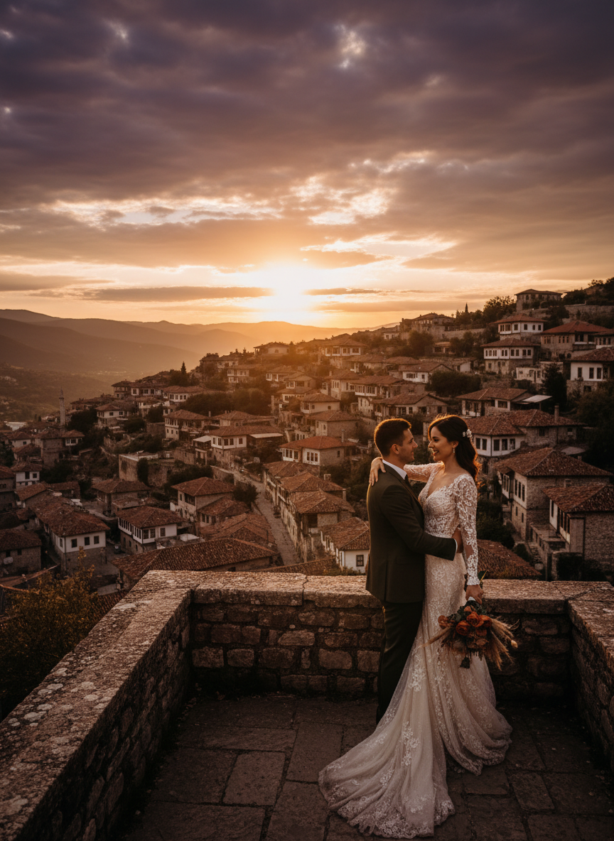 A bride and groom standing close together on a stone balcony during sunset, with an Italian hillside village in the background.