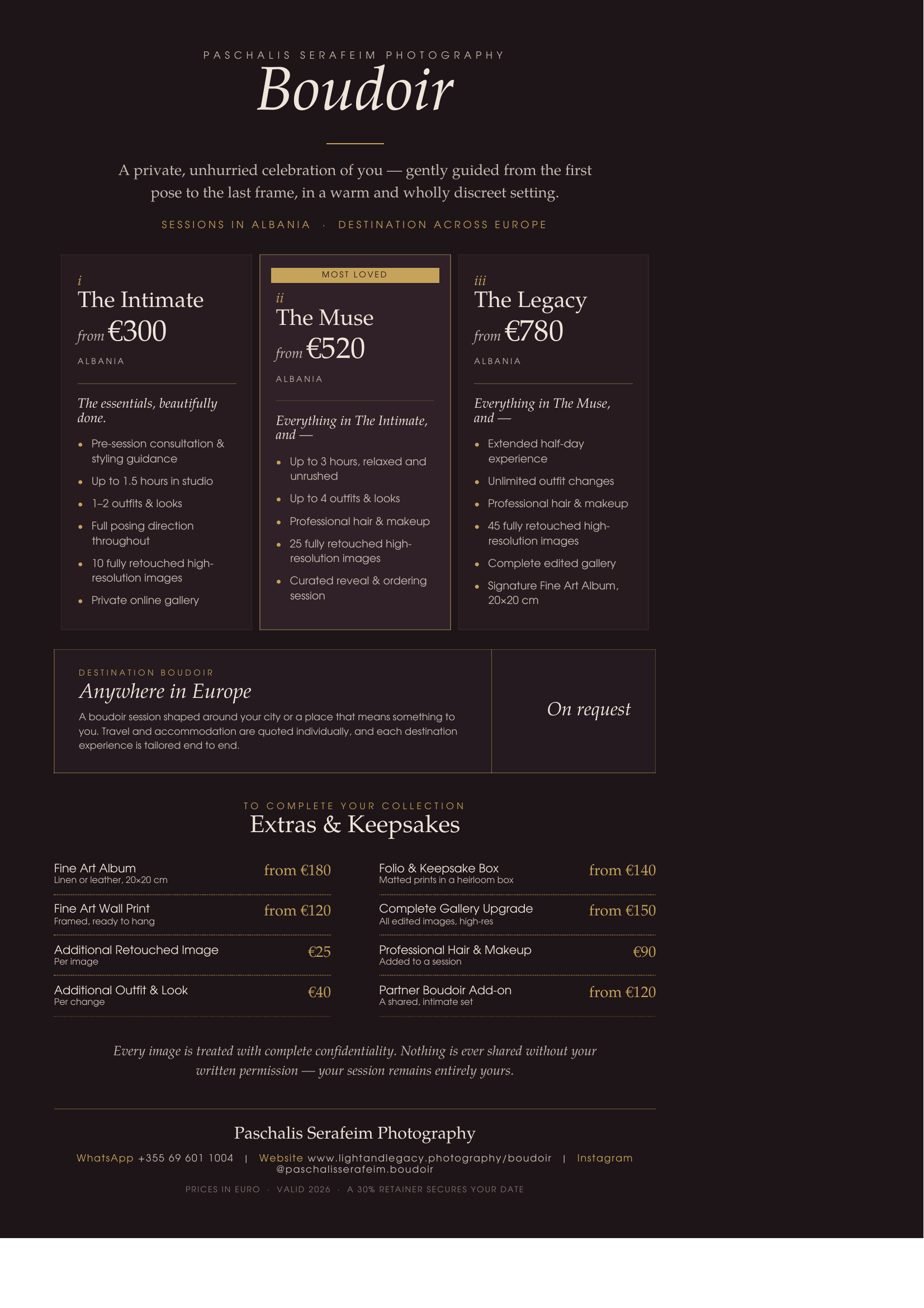 A promotional brochure for boudoir photography sessions, featuring different packages with pricing, descriptions, and contact information, set against a dark background with elegant gold and white text.