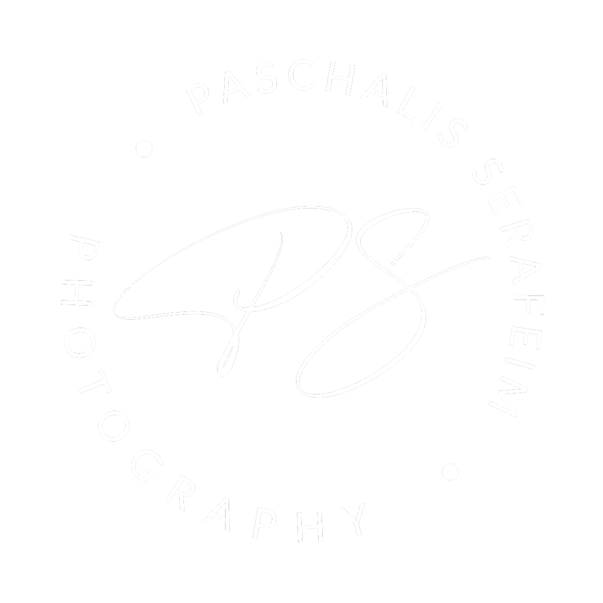 Logo with the text 'Paschalism Serenity Photo Therapy' arranged in a circular pattern around stylized initials 'P' and 'S' in the center, on a black background.