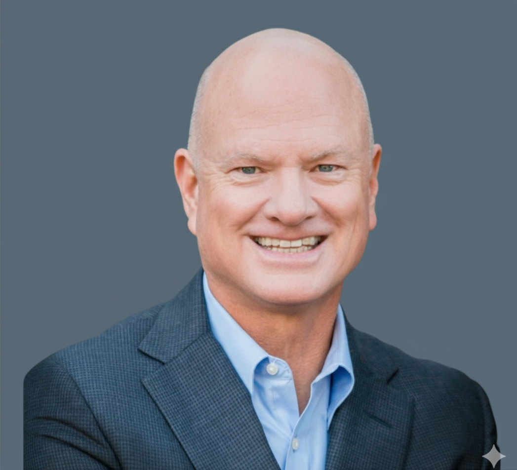 A bald, middle-aged man wearing a dark checkered blazer and a light blue collared shirt, smiling in front of a plain, dark background.