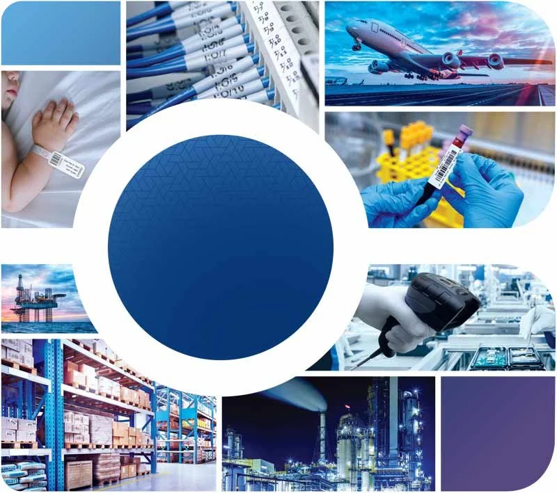 A collage of images representing different industries including healthcare, electronics manufacturing, aviation, laboratory testing, offshore oil rig, warehouse storage, industrial factory, and chemical plant.