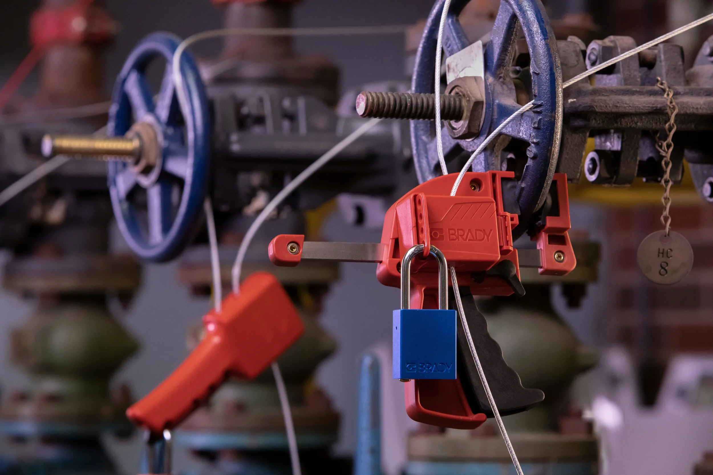 Close-up of multiple locked guns hanging on a rack, secured with various padlocks and security devices.