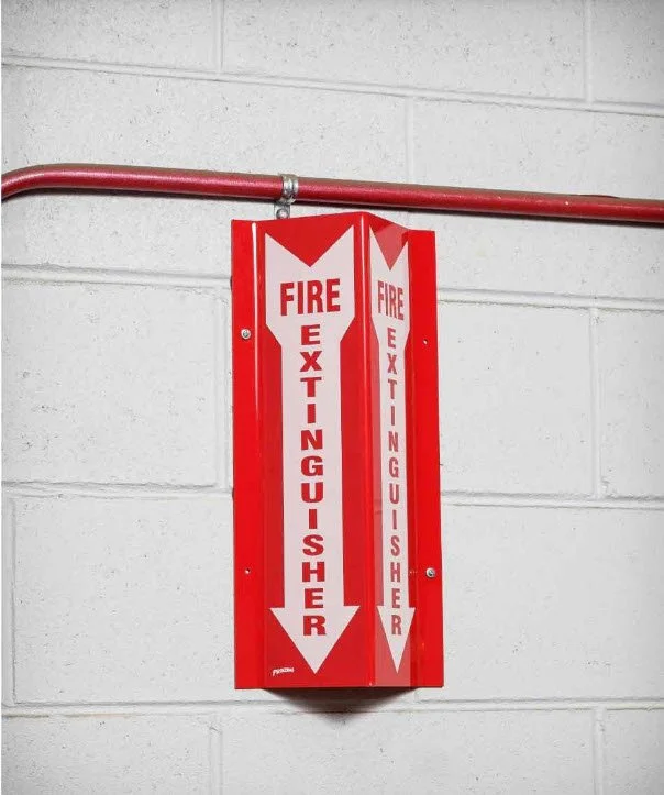 Red fire extinguisher cabinet with white arrows pointing down and the words 'FIRE EXTINGUISHER' written on it.