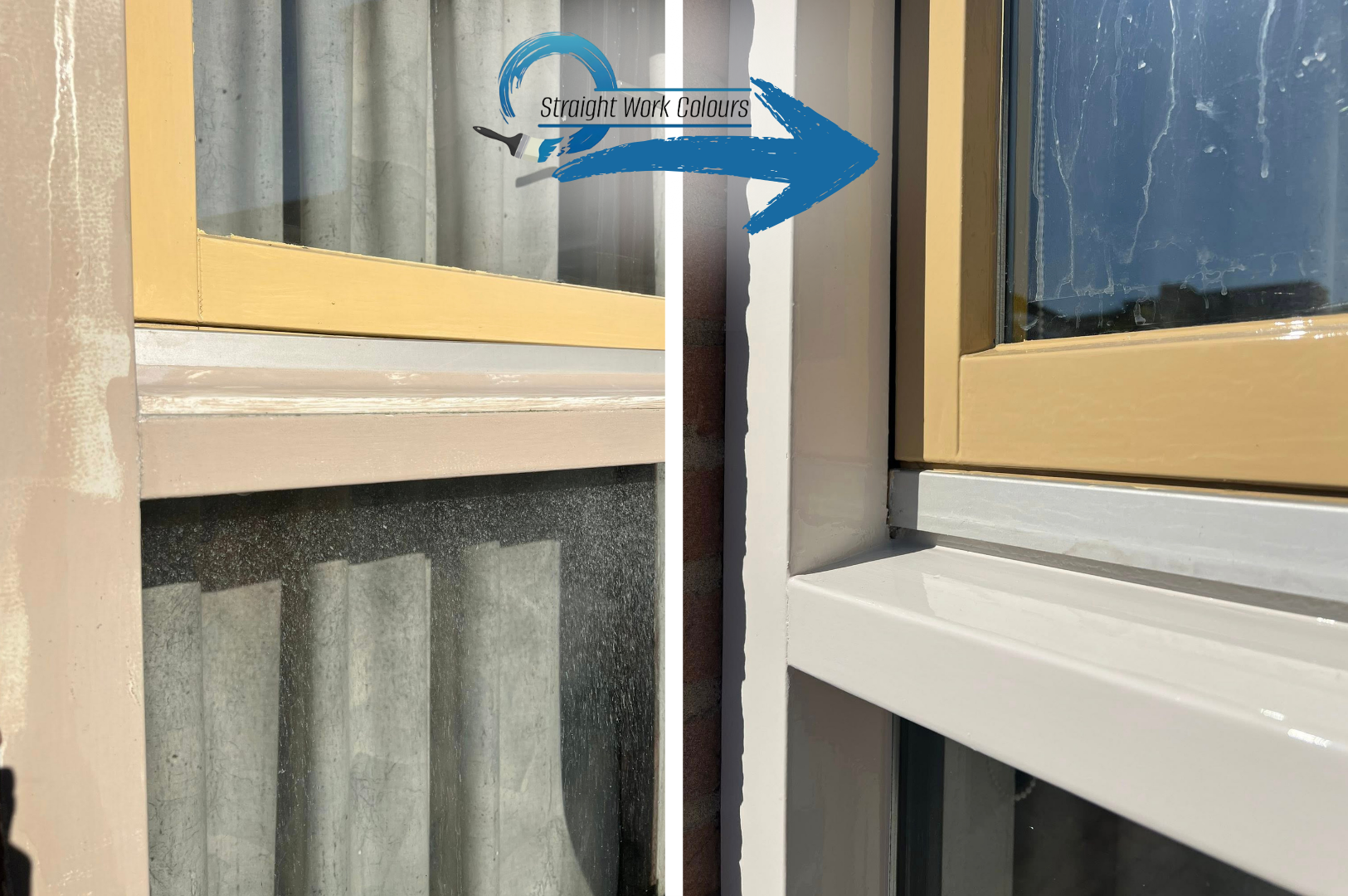 Vergelijking van een raam voordat en nadat het is geschilderd, links onafgewerkt en rechts afgewerkt met vers geschilderde kozijnen.