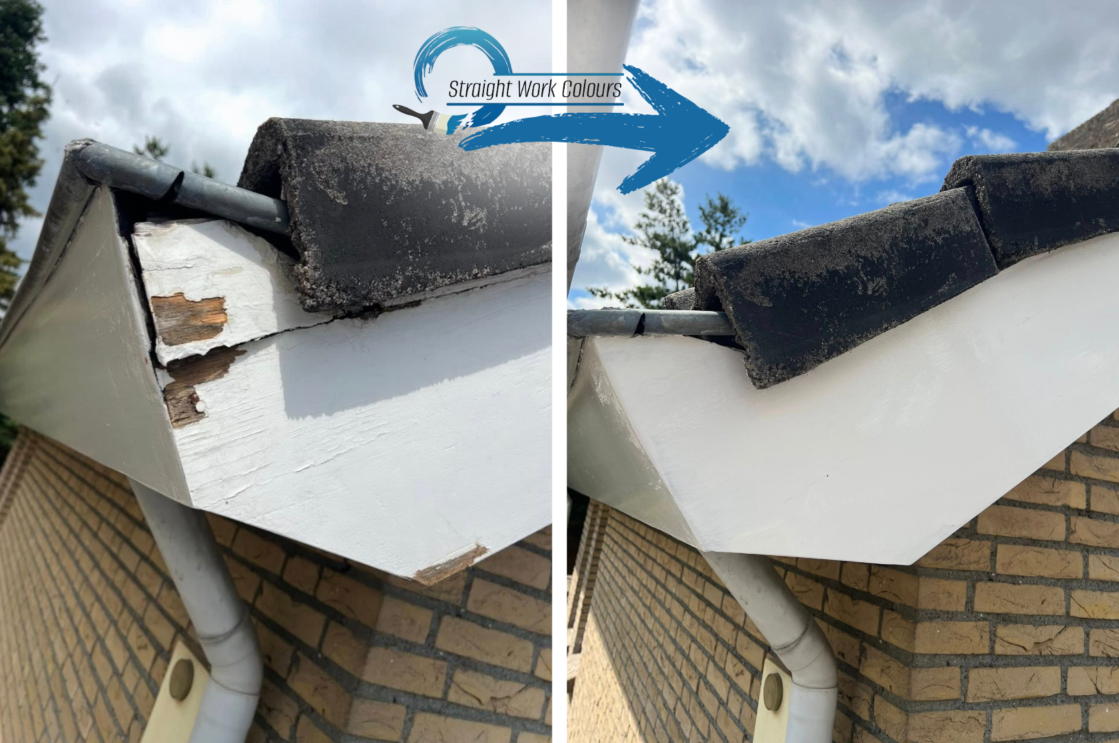 Vergelijking van een hoek van een dak, links zichtbaar schade en rot, rechts hersteld met een nieuwe afwerking. Sky met wolken en bomen op de achtergrond.