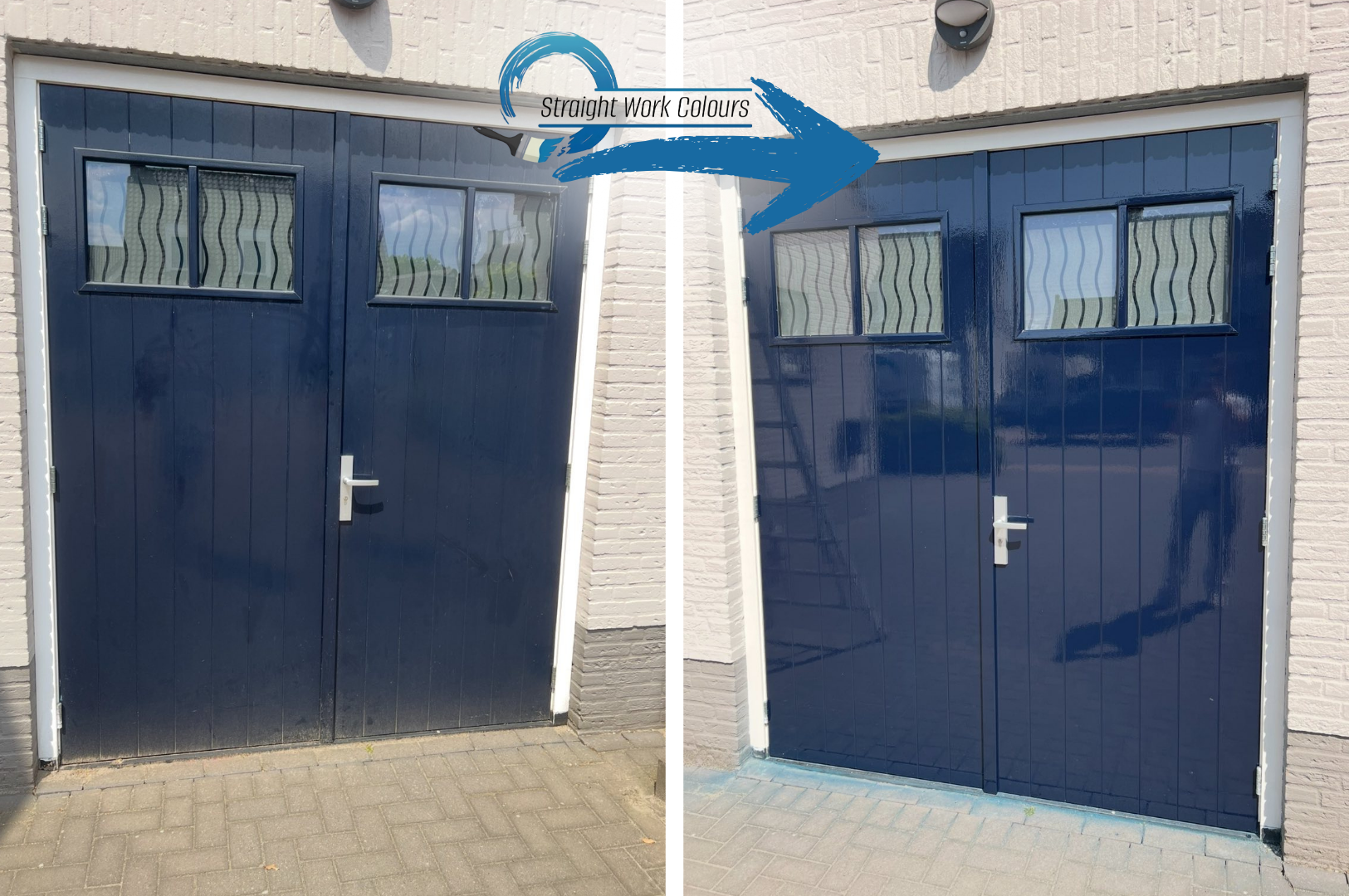 Voor en na foto's van een blauwe garagedeur, het eerst met vuil en schade, daarna schoongemaakt en opgeknapt.