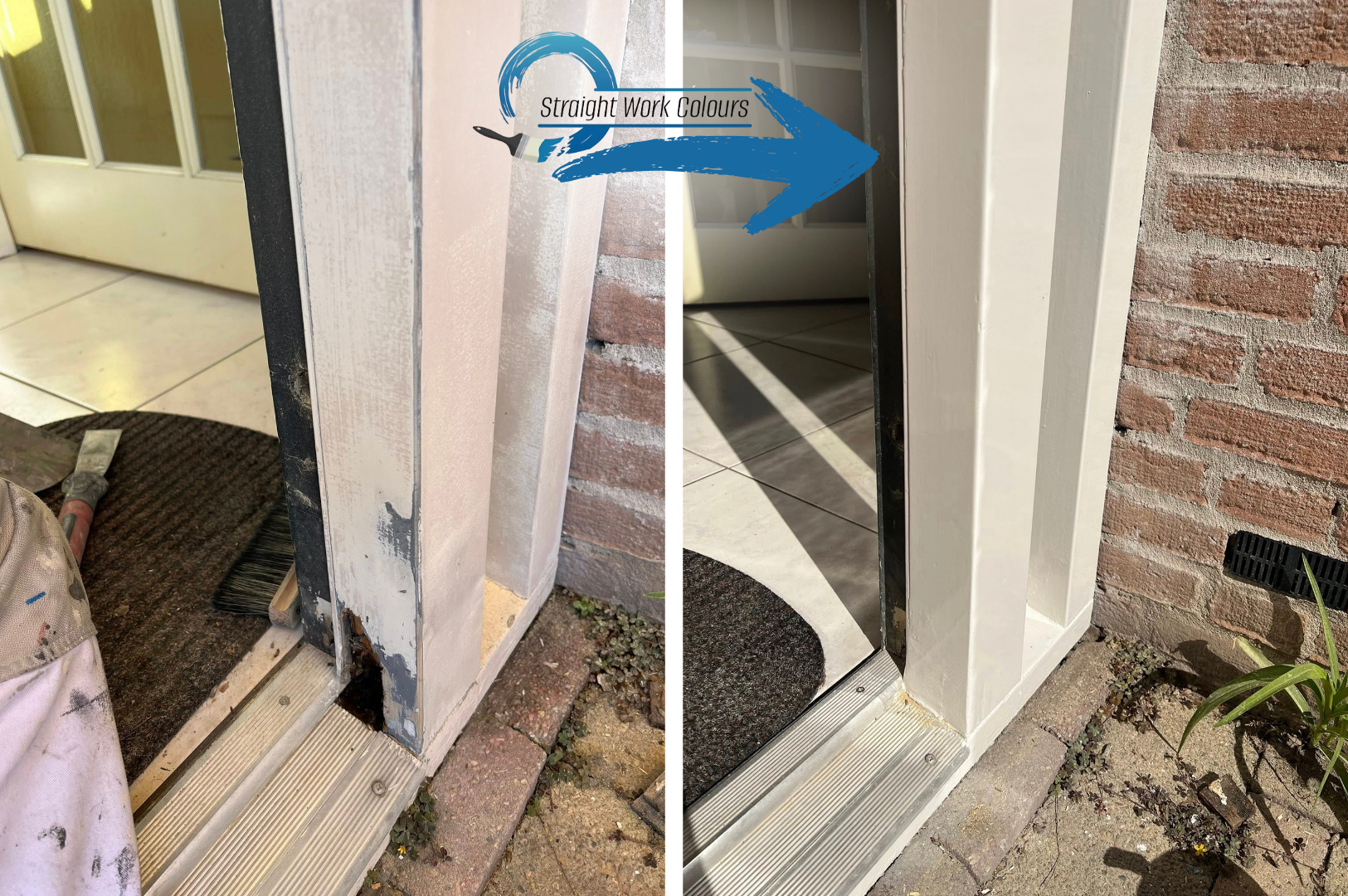 Voor en na beelden van een deurpost die is vernieuwd, links is de oude, versleten en roestige deurpost te zien, rechts is de nieuwe, geschilderde en schone deurpost zichtbaar.