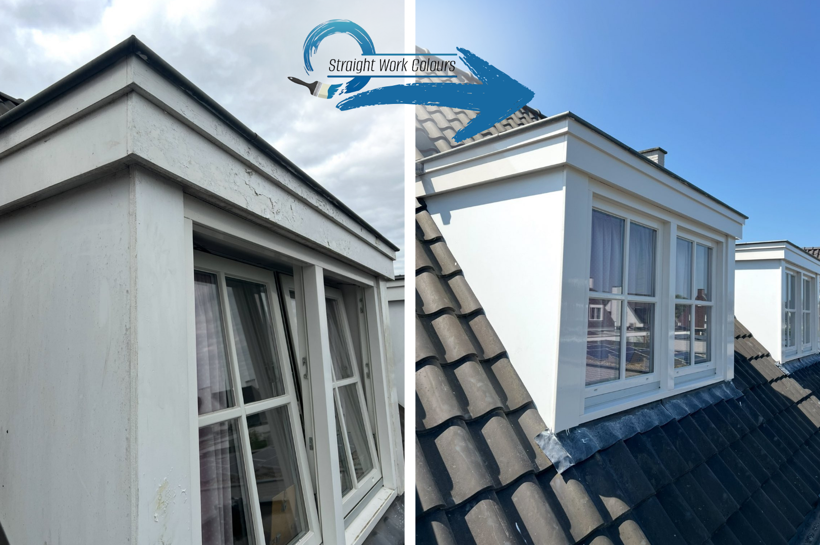 Vergelijking van een verouderde en een nieuwe afwerking van een dakramen met witte kozijnen op een pannendak.