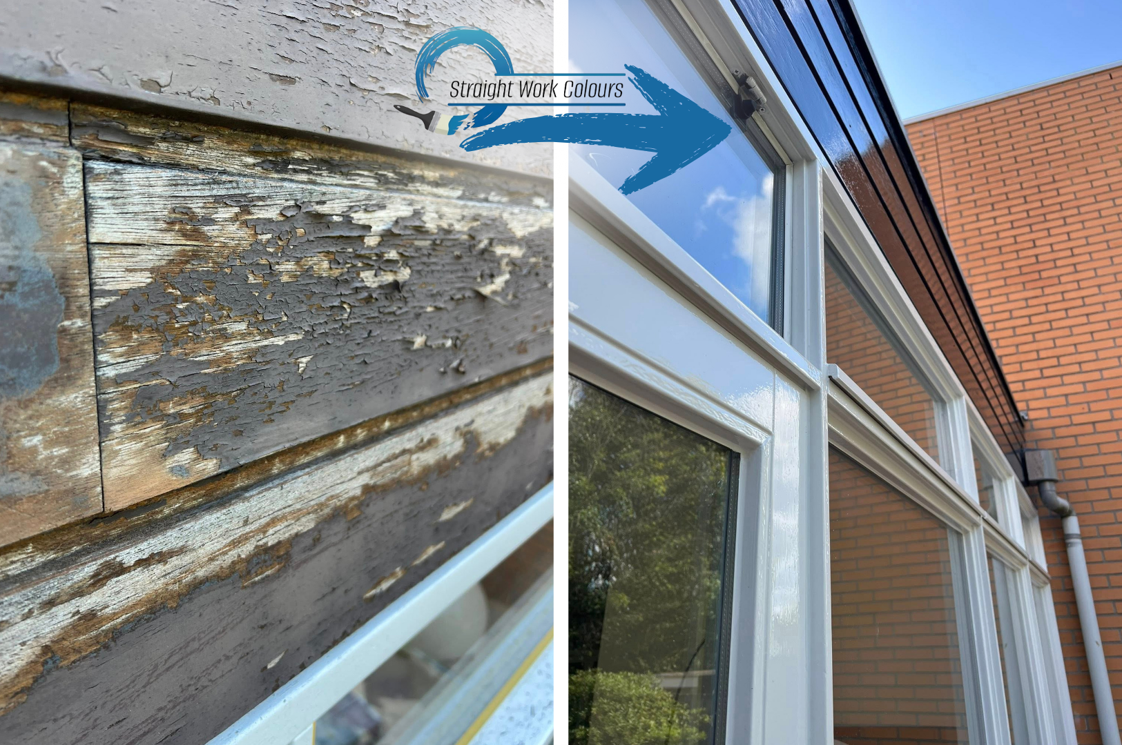 Vergelijking van een oud, verweerd houten raamkozijn met peeling verf en een nieuw, schoon wit geverfd raamkozijn onder een blauwe lucht met wolken.